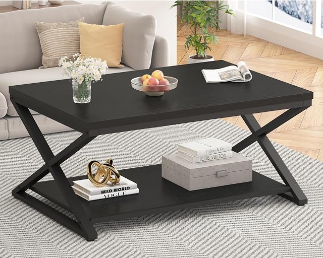 HSH Black Modern Minimalist Metal Wood Living Room Table with Storage Shelf 39 Inch 2 Tier Rectangle Center