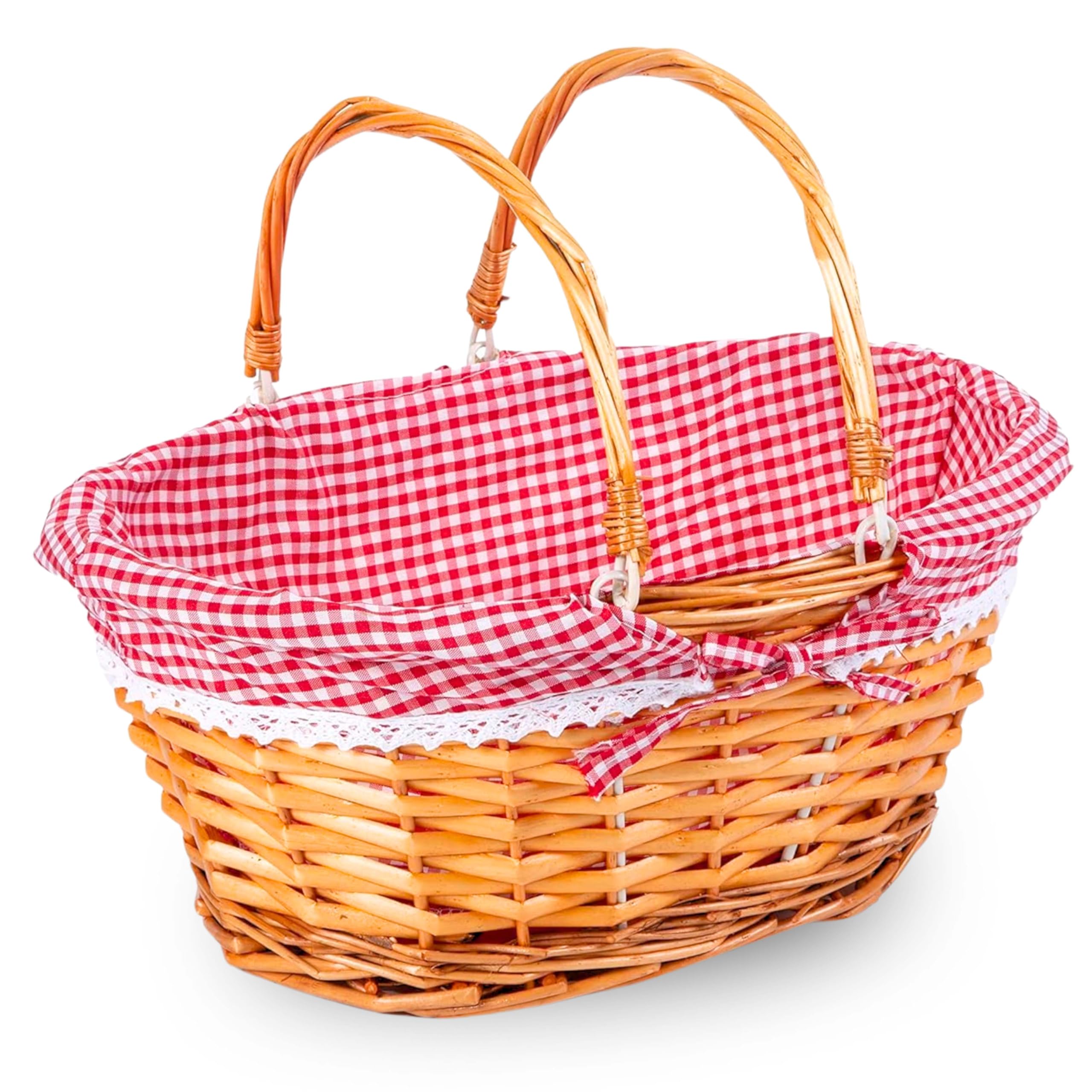 Adeptna Red Lightweight Wicker Shopping Basket With Foldable Handles – Handwoven Willow Hamper With Gingham Cotton Liner – Gift, Picnic, Easter, Toy, Garden, Storage Basket (Large)