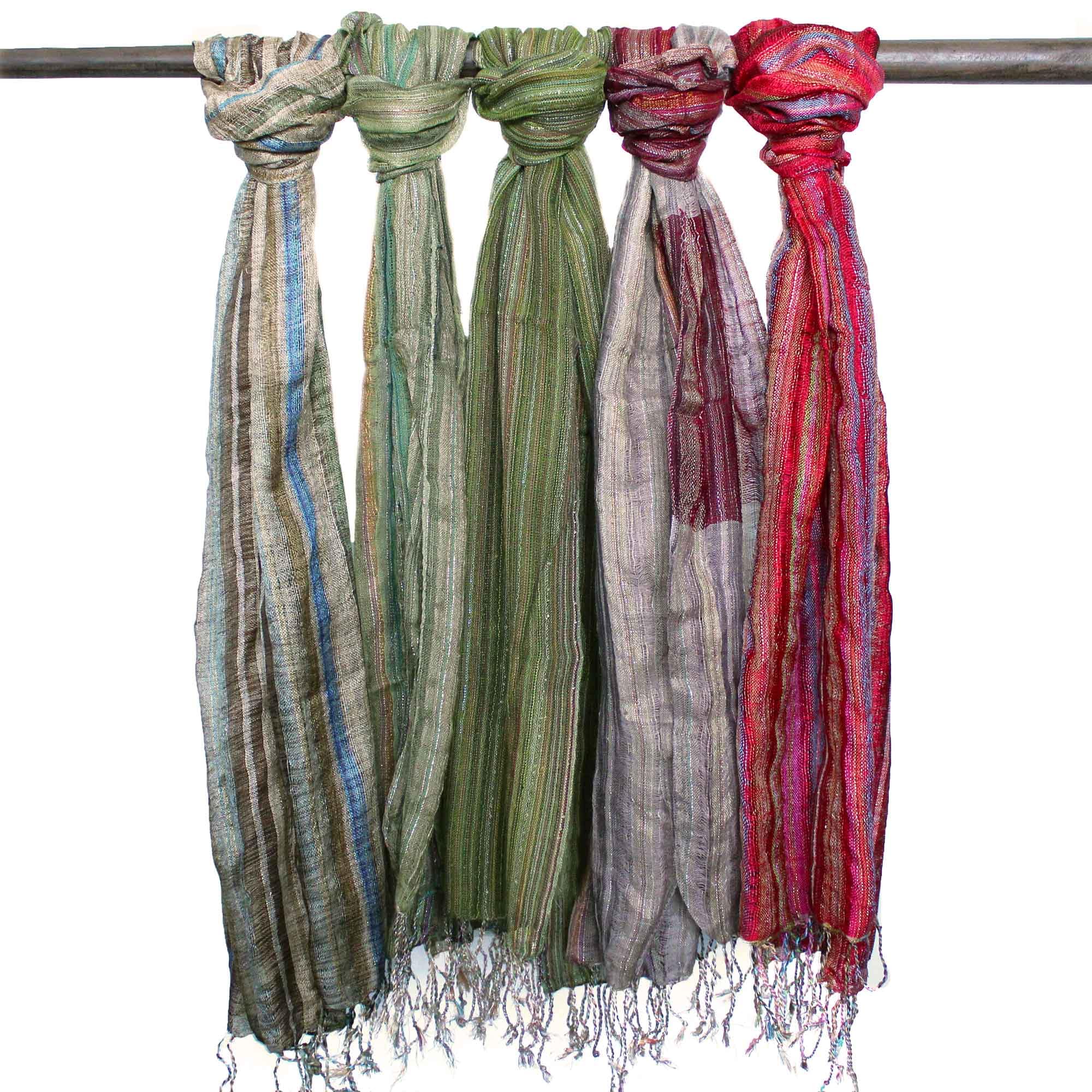 Shamtam Women's Green/Light/Black Boho Cotton Scarf, Assorted S 22X72 In