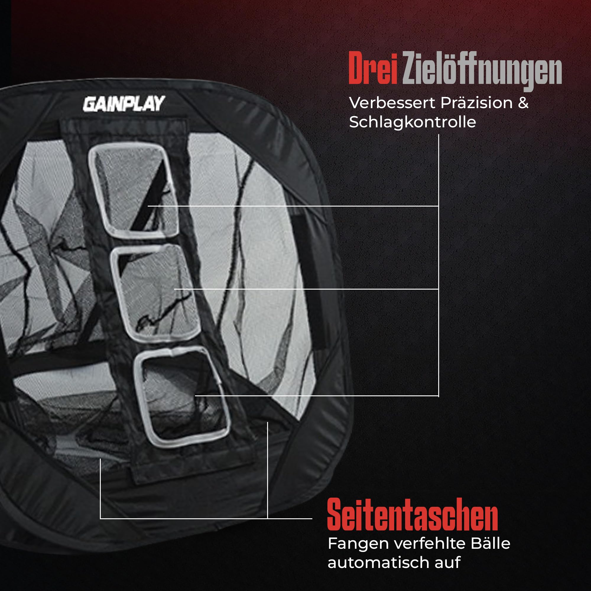GainPlay Golf Chipping Netz – Trainingsnetz mit verstellbaren & herausnehmbaren Zielzonen (horizontal & vertikal), Pop-Up Design, tragbar mit Tasche – Golf Übungsnetz für Präzisionstraining