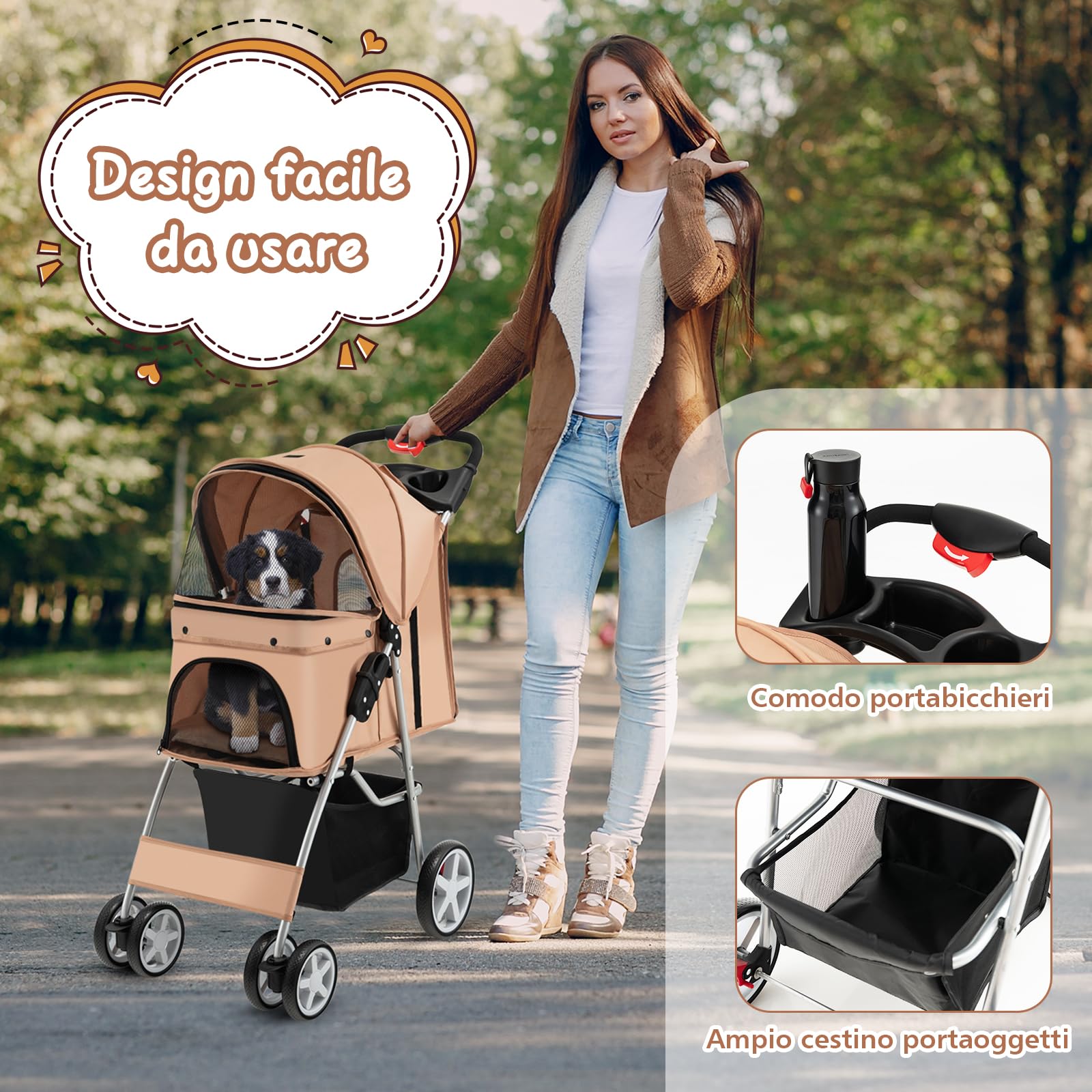GYMAX Passeggino per Cani Piccoli Pieghevole, Fino a 15 kg, Ruote 360° con Freni, Cuscino, Porta Doppio, Finestre, Cestino, Portabicchieri, Carrozzina Portatile (Beige)