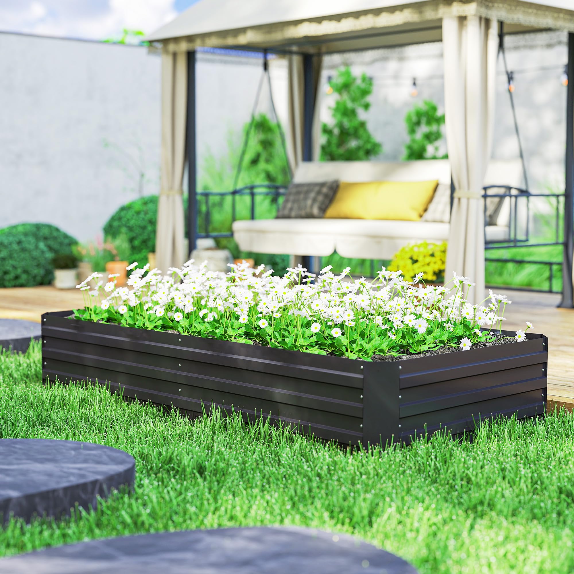 Outsunny Carré Potager Grande Capacité 180 x 90 x 29,5 cm Noir | Jardinière Rectangulaire, Acier Galvanisé, avec Tuteurs, pour Tomates et Plantes Grimpantes