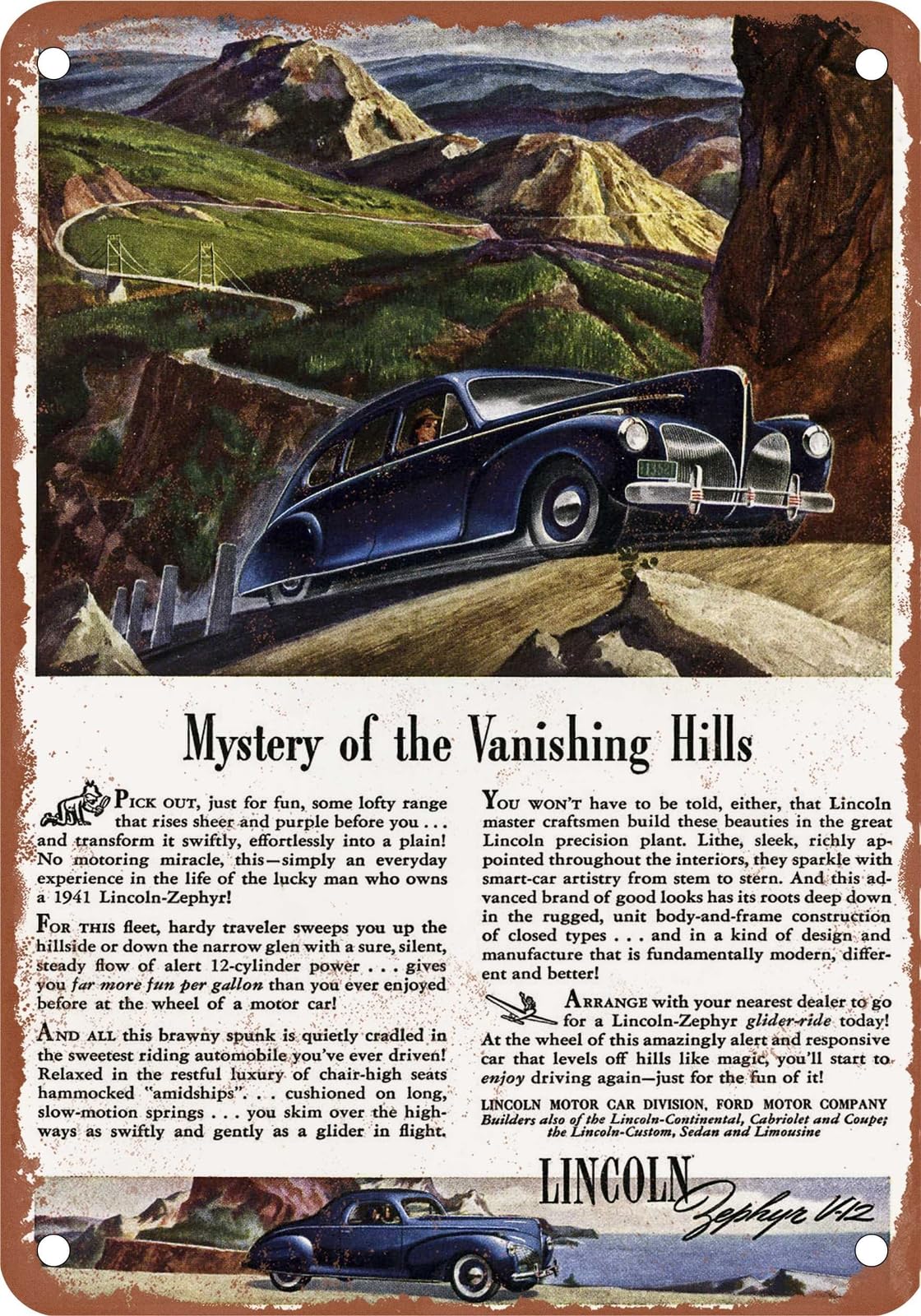 Miaomansenstore Metal Sign - 1941 Lincoln Zephyr Vintage Ad 02 - Old Retro Rusty Look Home Decor