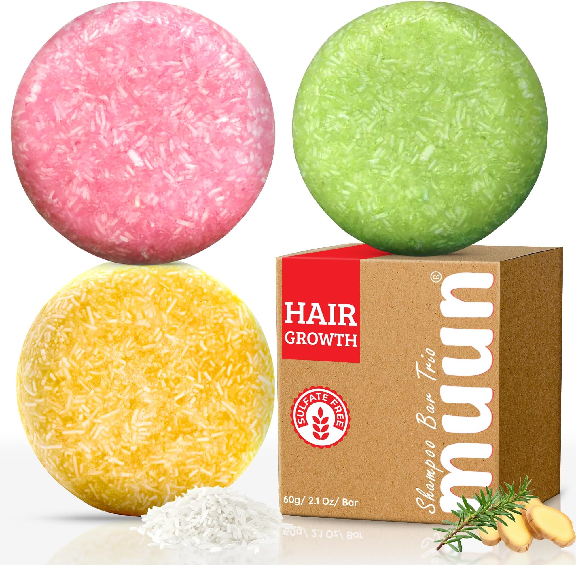 Ginger Rosemary & Rice Water Shampoo Bar Pack 3 - Hair Growth, Thickening, Strengthening, Anti Hair Loss, Volumize & pH Balanced - Sulfate & Silicone Free For All Hair Type
