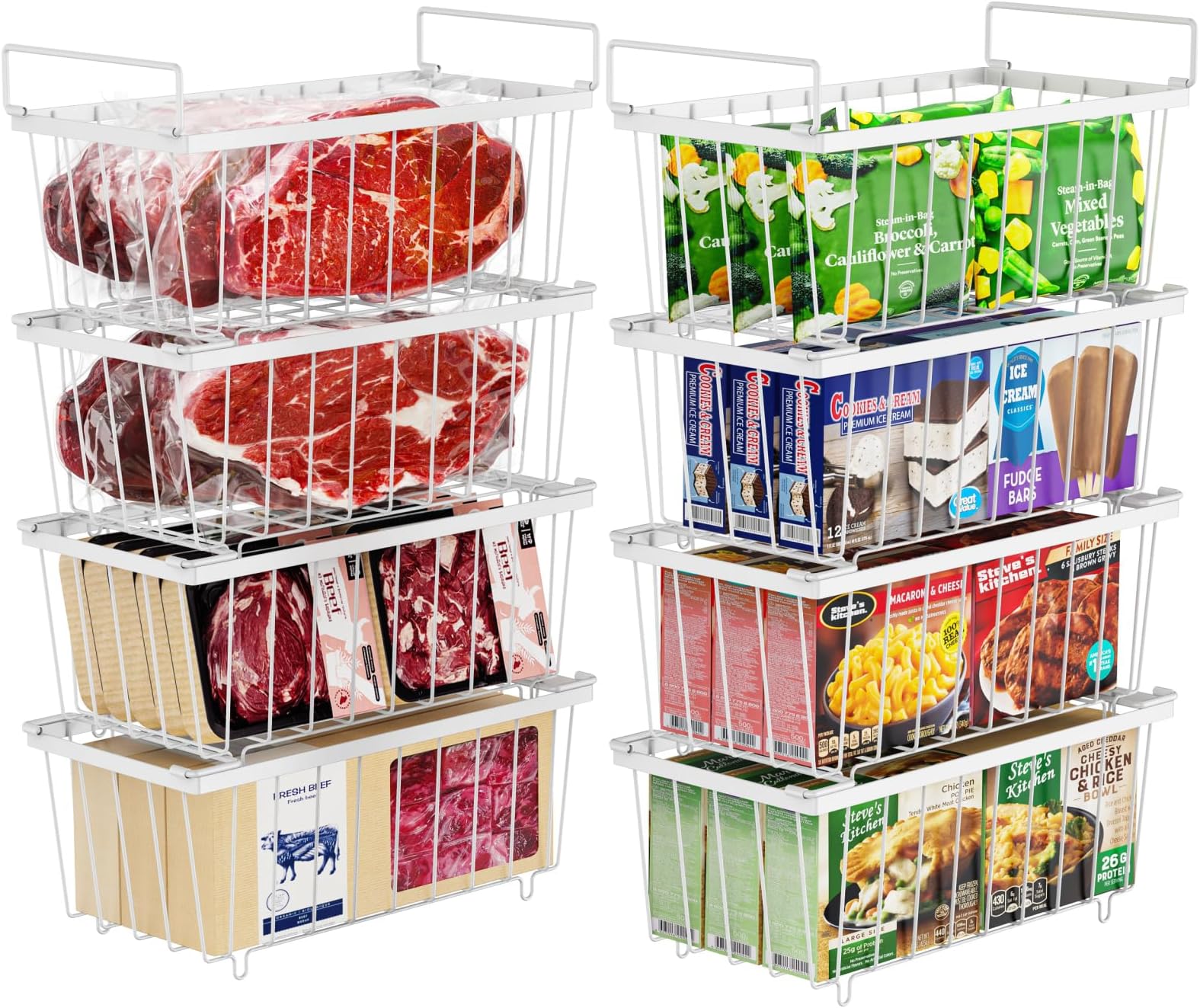 iSPECLEChest Freezer Organizer Bins - 8 Pack Small Stackable Deep Freezer Organizer Bins for Most 7 Cu.FT Freezer Sort Frozen Meats, Freezer Storage Bins Easy Access Food without Digging, White
