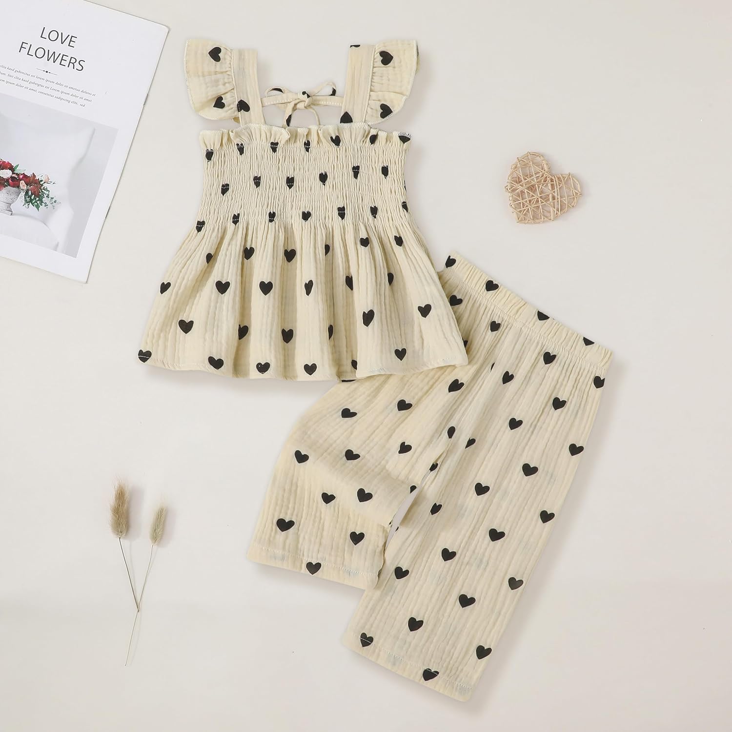 SUREPOCH Toddler Baby Girl Clothes Summer Outfits Heart Daisy Print Sleeveless Camisole Linen Pants Set for Little Girls