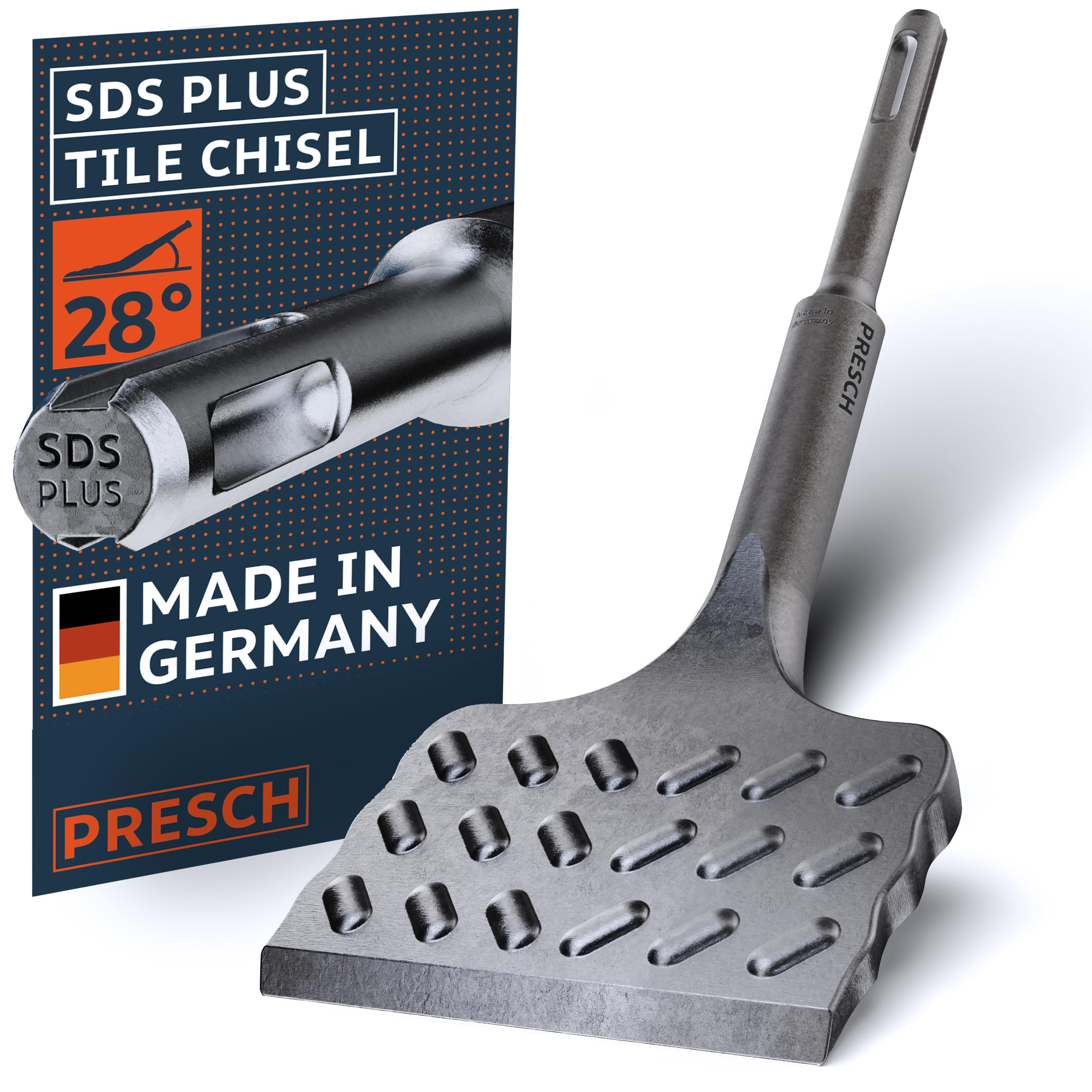 PRESCH Dłuto do płytek SDS plus - B75mm x L165mm - Kątowe 28° - Profesjonalna stal narzędziowa (42CrMo) - Niezwykle wytrzymałe - Do płytek i kleju do płytek - Dłuto do młotów obrotowych