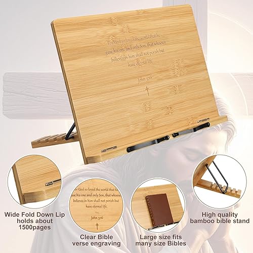 Miniatura 3 de Geelin Soporte grande para la Biblia para exhibir en casa, 15 x 11 pulgadas, soporte ajustable de bambú para la Biblia, bandeja y clip de página,