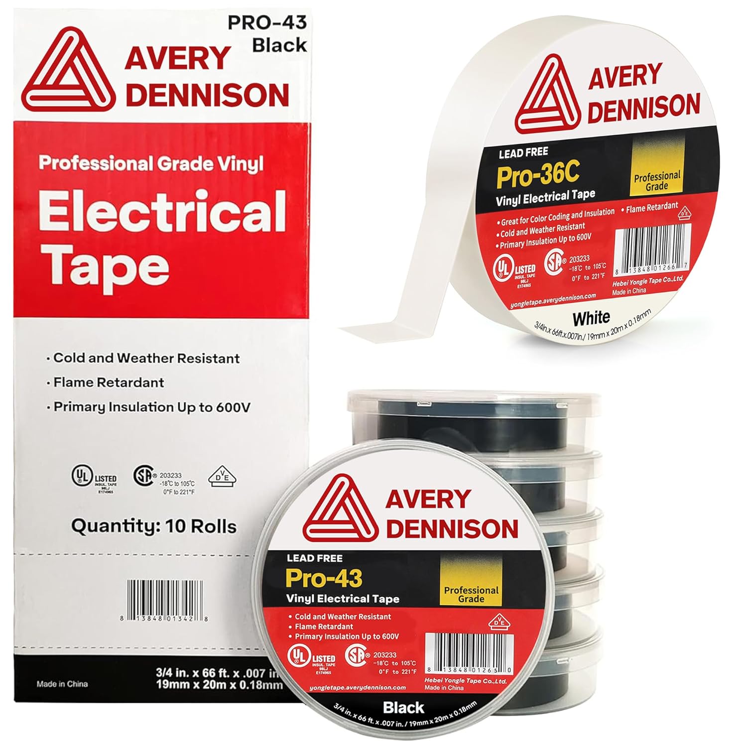 Avery Dennison Electrical Tape, Professional Grade PVC Electric Tape, UL/CSA Listed Vinyl Tape, 1 Roll ¾ in x 66 ft White(Pro-36C) + 10 Rolls ¾ in x 66 ft Black(Pro-43)