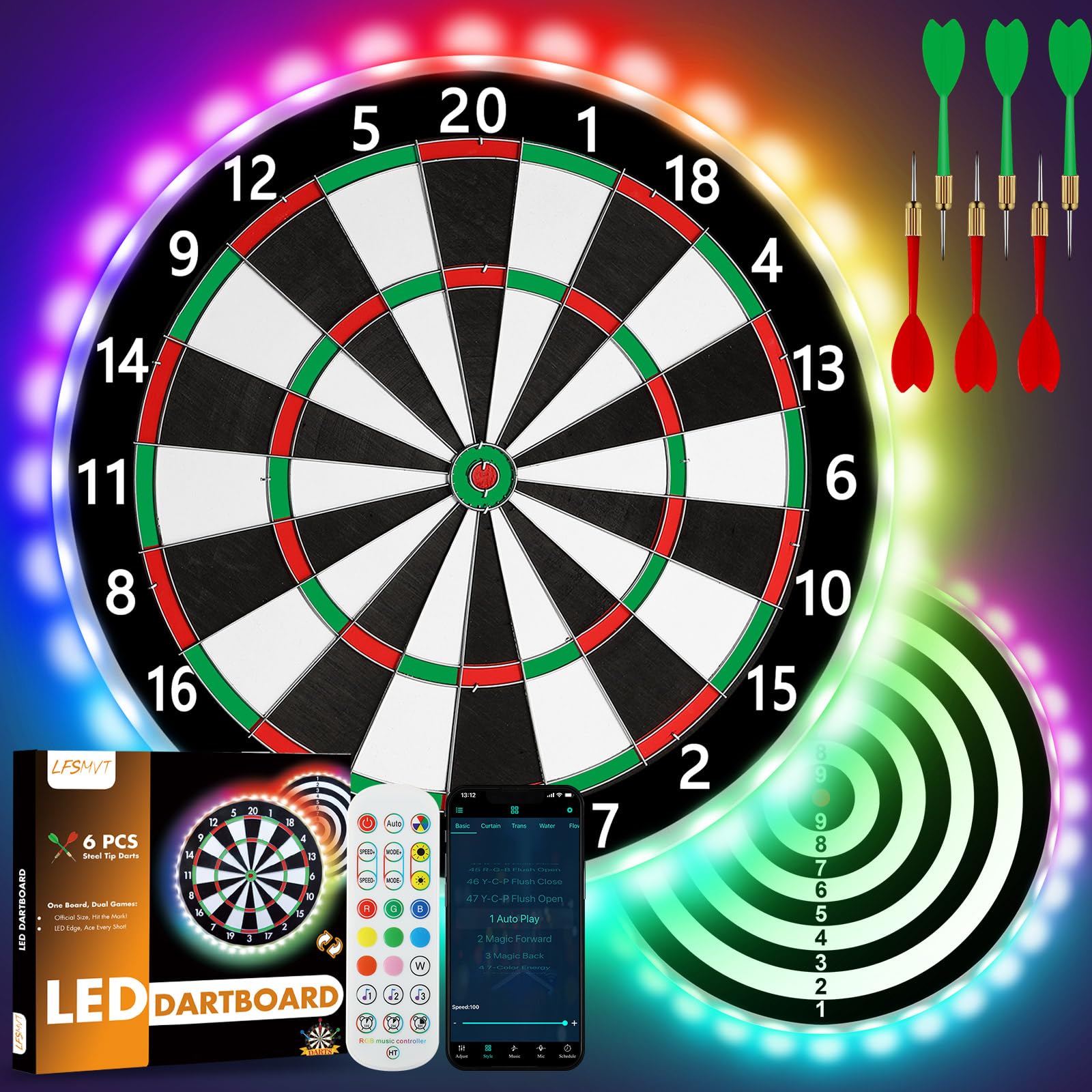 LED Dartboard, Dual-Sided Dart Game, Light Up Dart Board with APP & Remote Control, Music Sync for Indoor, Outdoor Games for Adults and Family, USB Powered