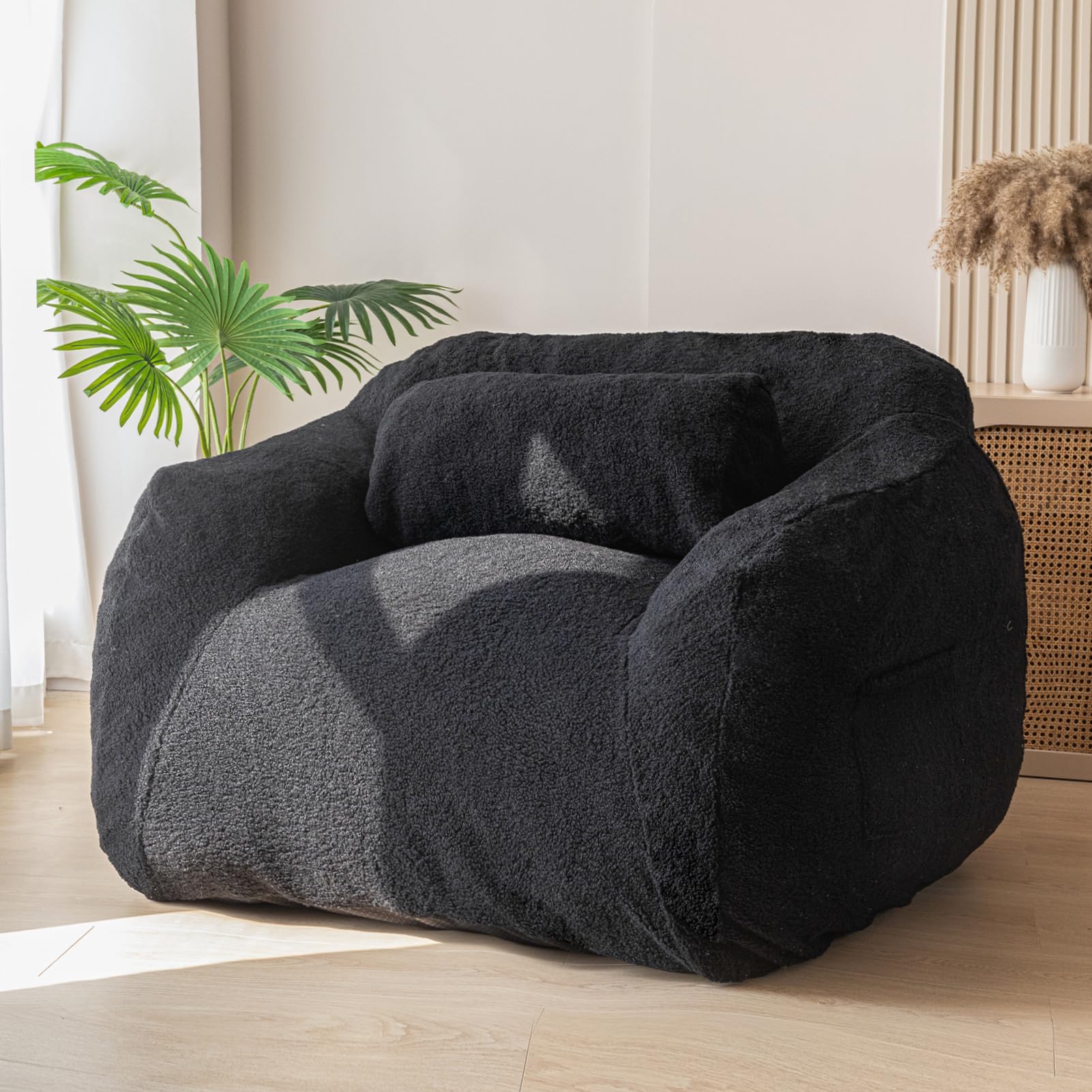 MAXYOYO Giant Bean Bag Chair with Pillow, Fluffy and Comfy Bean Bag Sofa for Adult with Fuzzy Fabric,Large Bean Bag Chair with Filler for Reading, Gaming（Black）