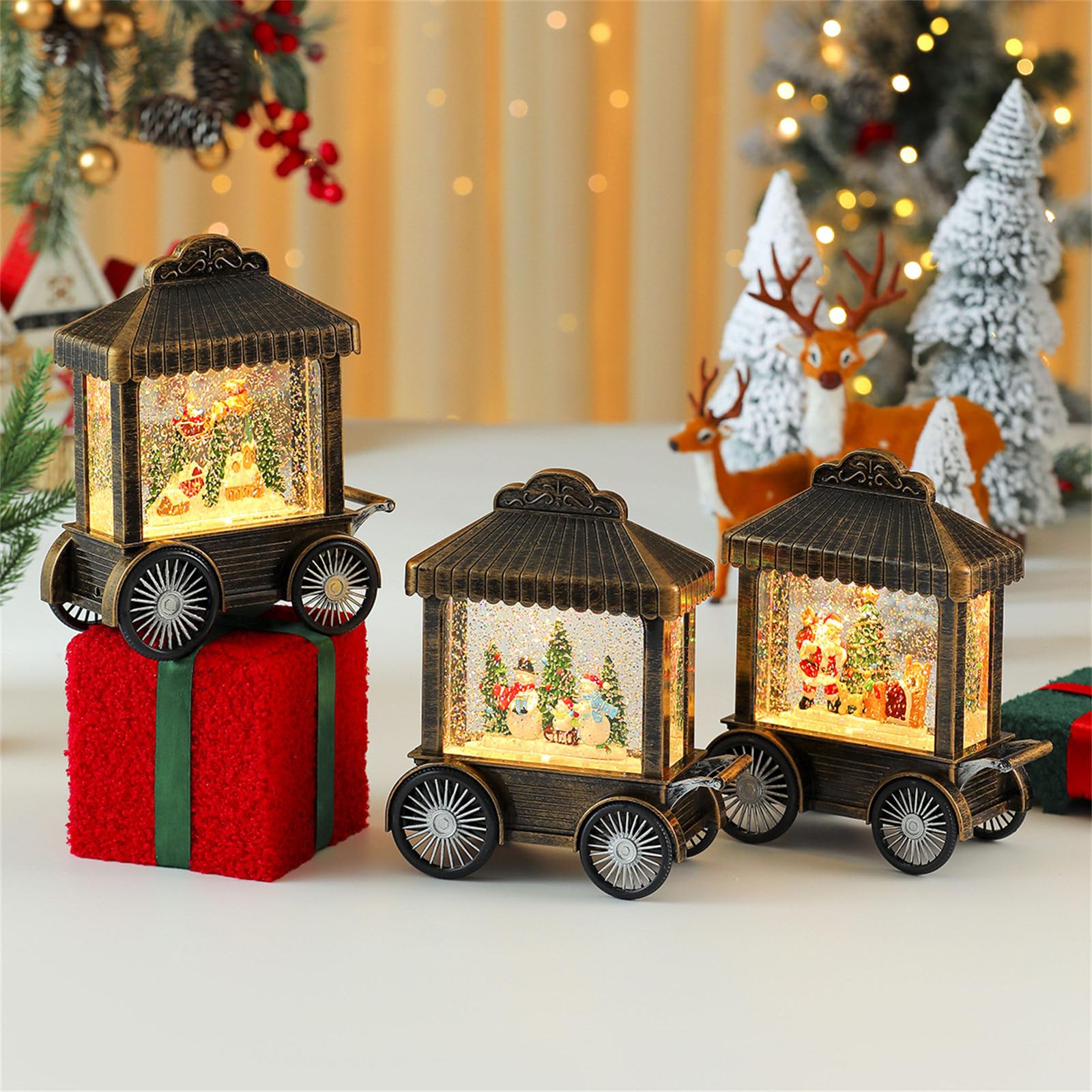 Weihnachtsfigur-Spieluhr aus Kunstharz, Wagen mit Schneefall, Tischdekoration, für Kinder, Erwachsene, Geburtstag, Schnee-Dekoration
