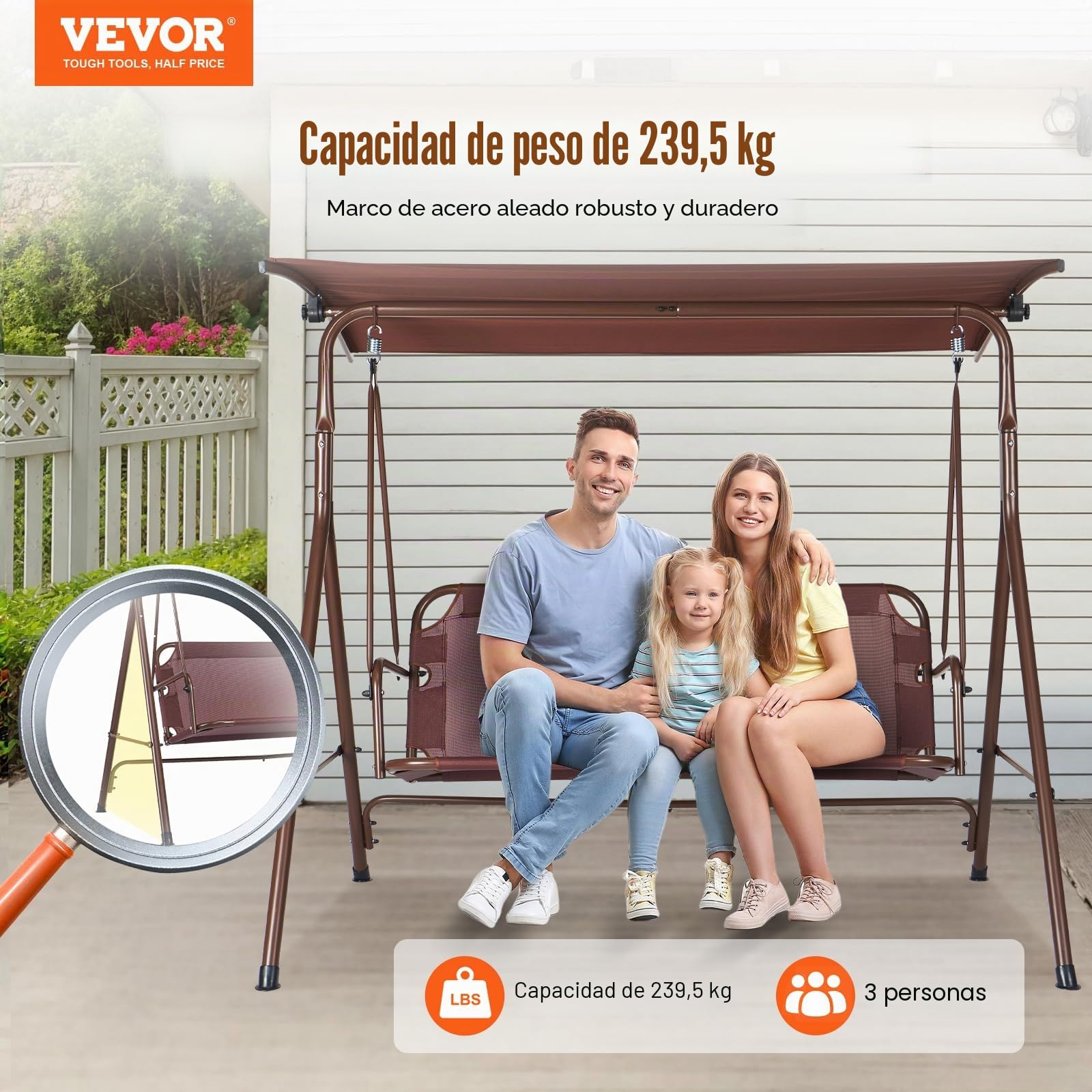 VEVOR Columpio de Patio para 3 Personas Columpio Ajustable para Porche con Reposabrazos Tela Teslin Marco de Acero de Aleación para Balcón, Patio, Jardín, Junto a Piscina, 1740x1095x1550 mm, Marrón