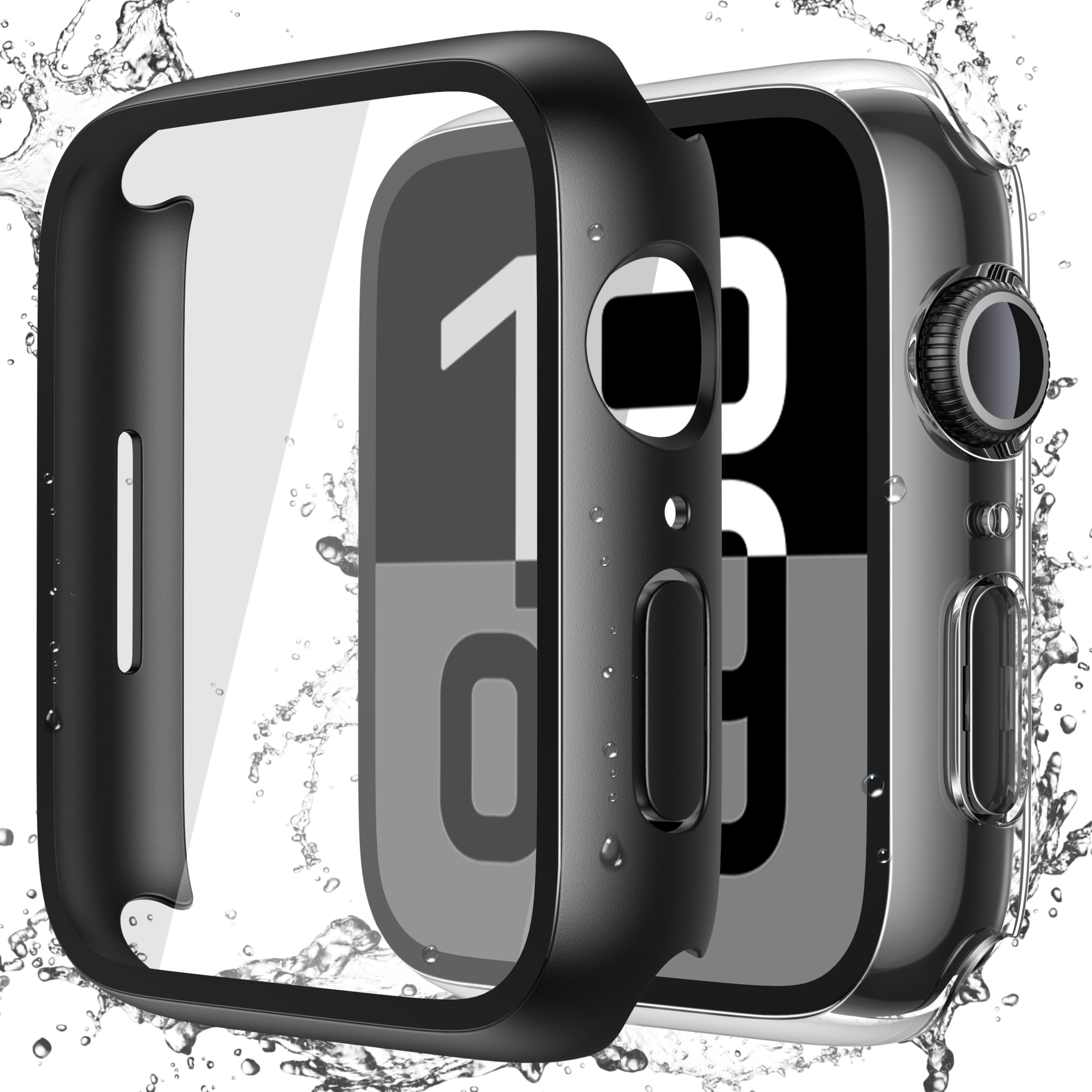 Misxi Wodoodporne twarde etui ze szkłem hartowanym, kompatybilne z Apple Watch Series 11 (2025) Series 10 42 mm, ogólna osłona ochronna na ekran iWatch, 1 czarna + 1 przezroczysta