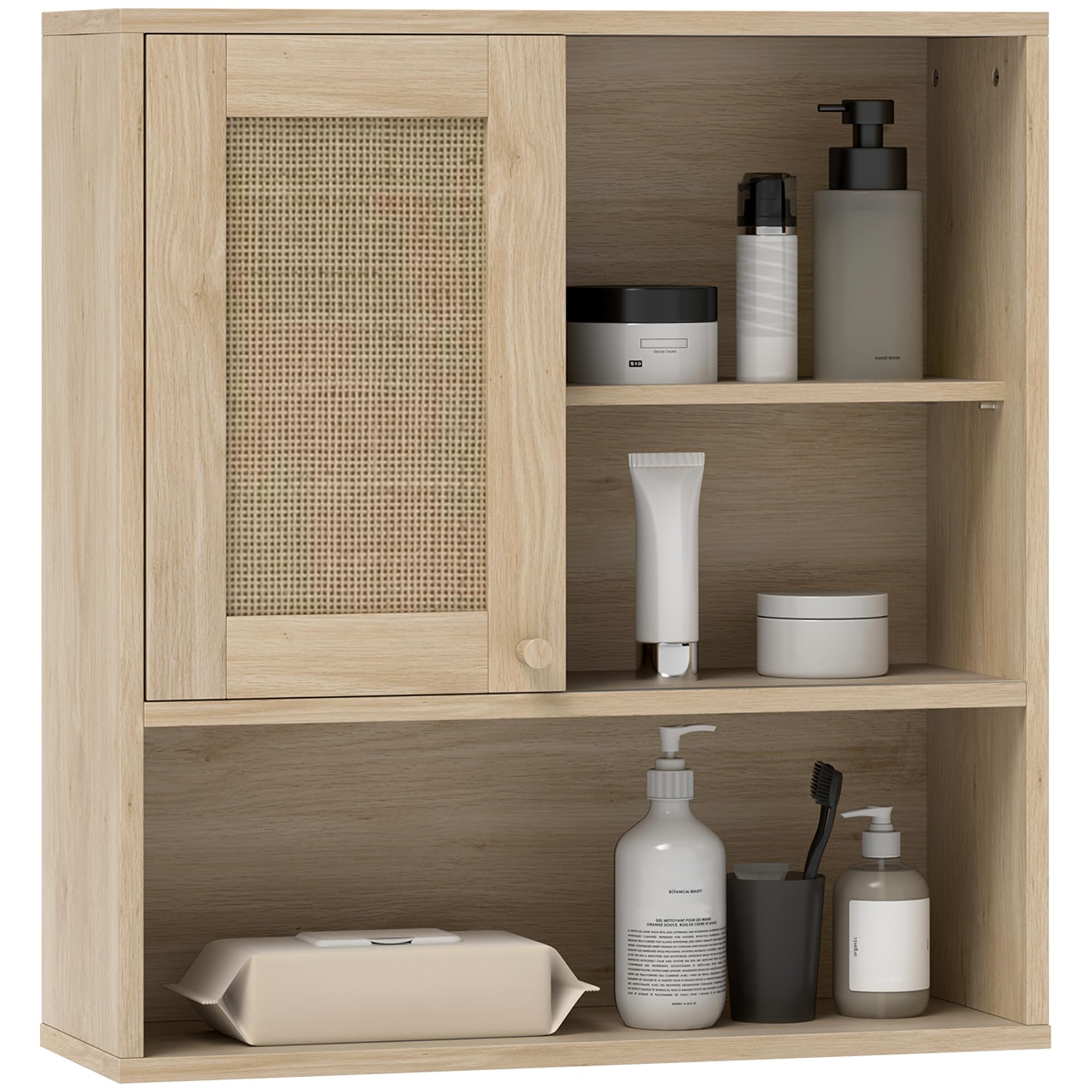 HOMCOM Armoire murale, meuble haut salle de bain avec porte coulissante en rotin et étagères ouvertes, meuble de salle de bain style bohème, meuble de rangement suspendu, 60 x 20 x 65 cm, bois naturel