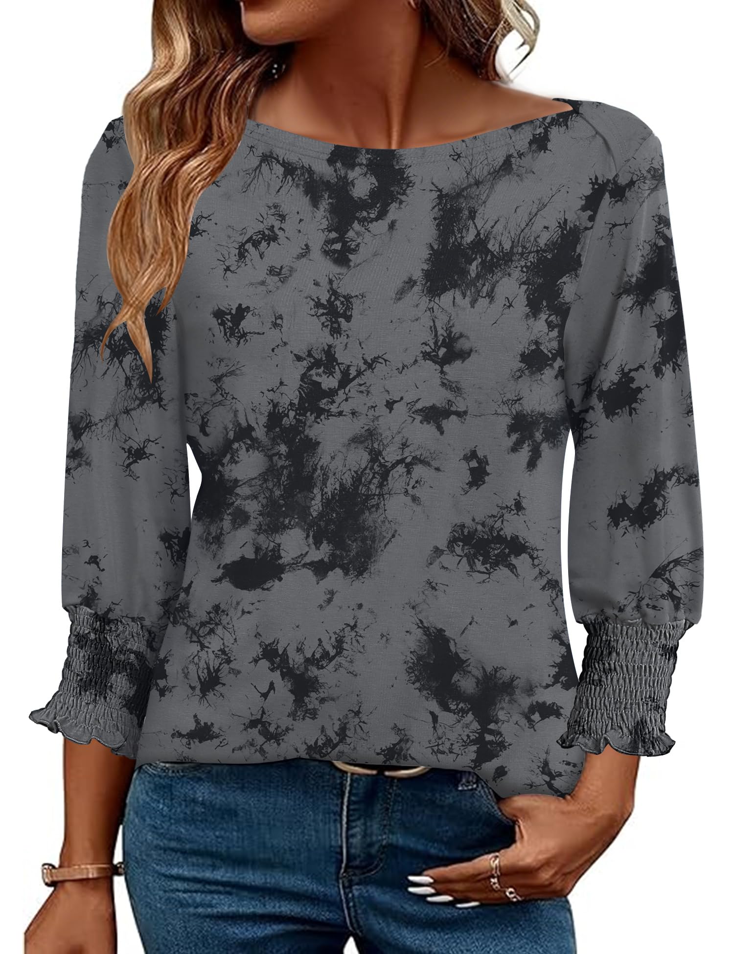 EFFAN Damen Bluse 3/4 Arm U-Boot Ausschnitt Bohemian Tunika Tops Elegant | Sommer Locker Shirt Elegant Lässig Oberteil Blusen