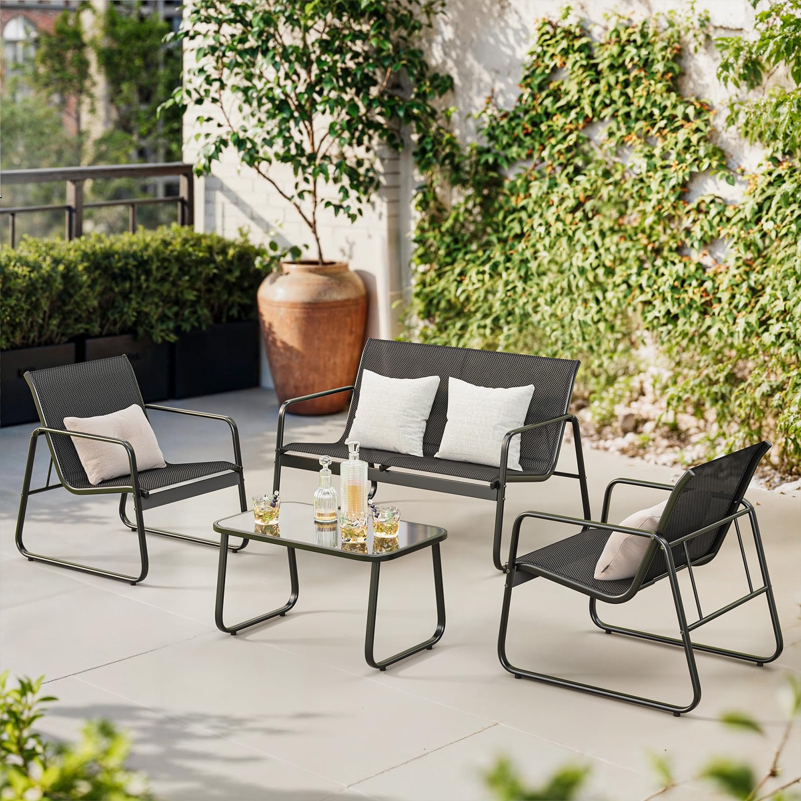 Bealife Conjunto de Muebles de jardín de 4 Piezas, Conjunto de Patio de Tela Teslin, Incluye 3 sillones y 1 Mesa de Vidrio, Adecuado para Patios, Jardines y Espacios al Aire Libre (Negro)
