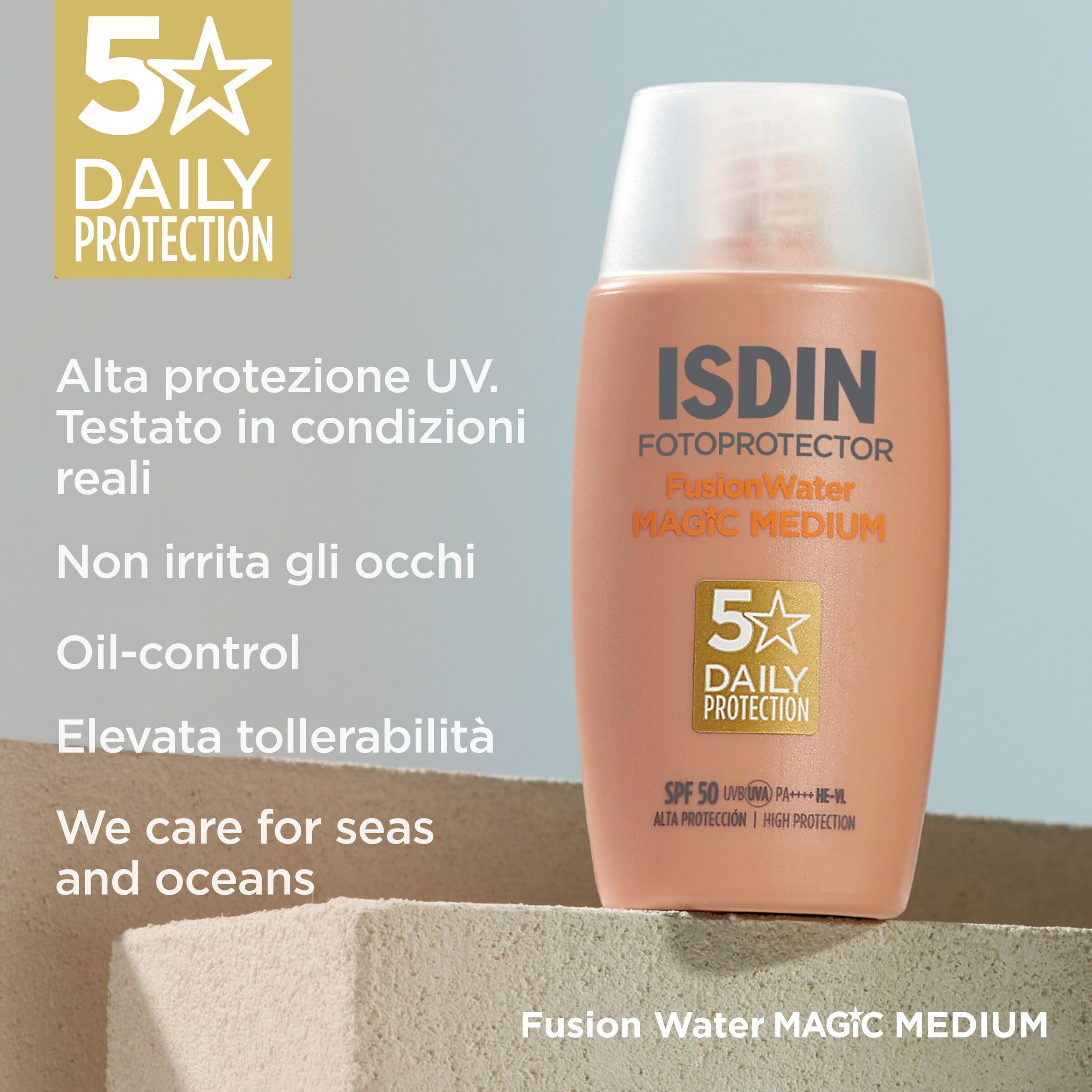 ISDIN Fotoprotector Fusion Water MAGIC Color SPF 50 | Protezione Solare Viso Colorata Leggera e Fase Esterna Acquosa | 50 ml