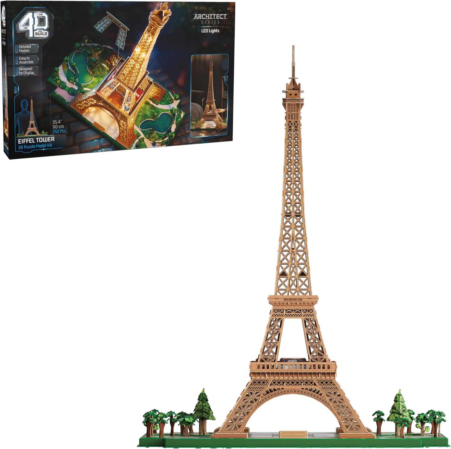 4D Build, Architect Series Eiffel Tower 3D Model Kit with LED Lights, Desk Décor, Adult Puzzles, Easter Gift, 3D Puzzles for Adults & Teens, 252 Pieces, for Ages 12 & Up