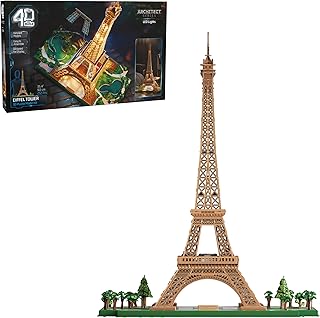4D Build, Architect Series Eiffel Tower 3D Model Kit with LED Lights, Desk Décor,