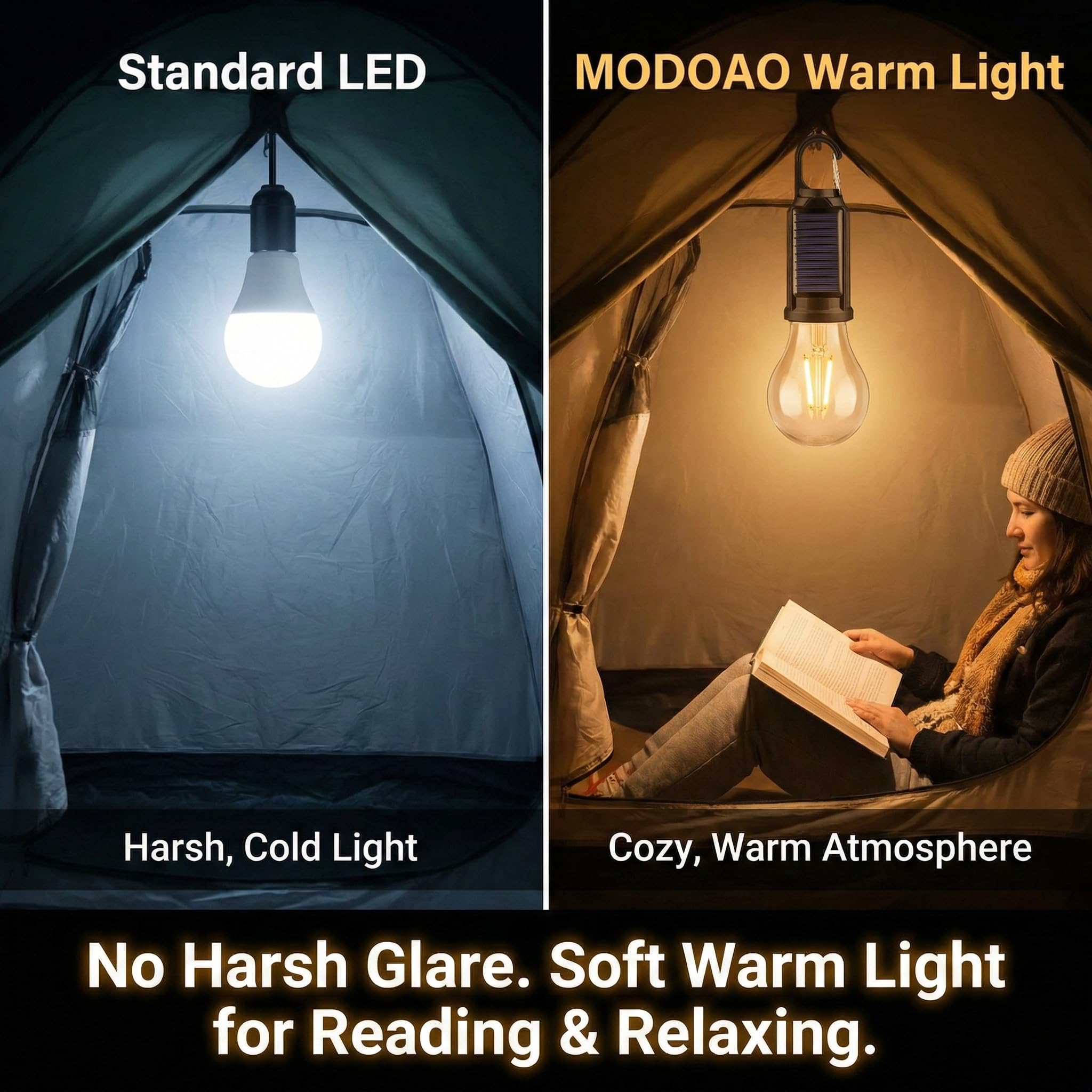 Lot de 4 lampes solaires LED de camping, lanternes de tente d'extérieur rechargeables avec crochet à clip, lumière d'urgence pour camping, randonnée, maison, pannes de courant, pêche et cadeaux