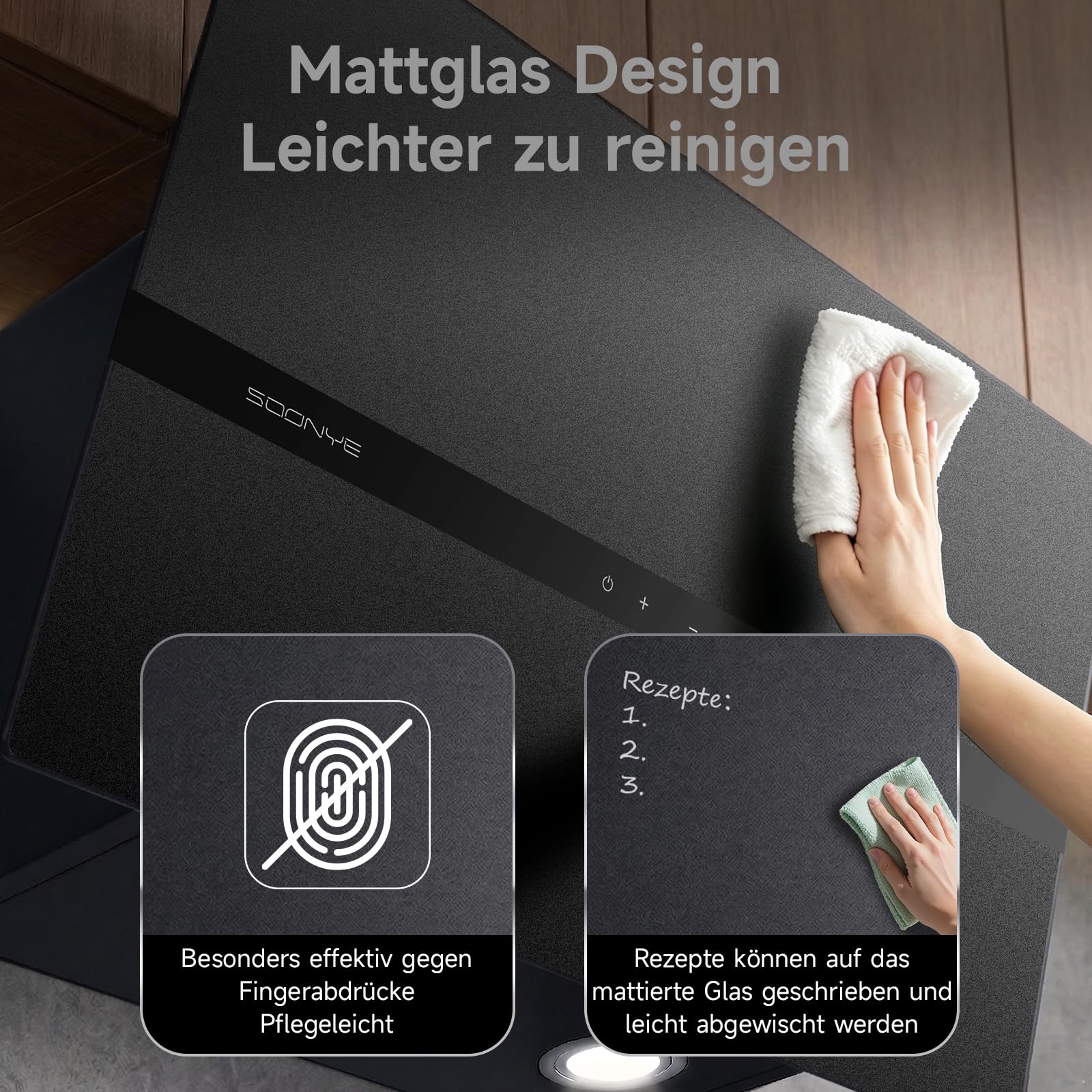 A+++ Dunstabzugshaube 60cm Umluft,Kopffrei Schräghaube 700 m³/h,Gestensteuerung,Touchscreen,Abluft Wandmontage Wandhaube Abzugshaube,Schwarz Mattglas Kopffreihaube