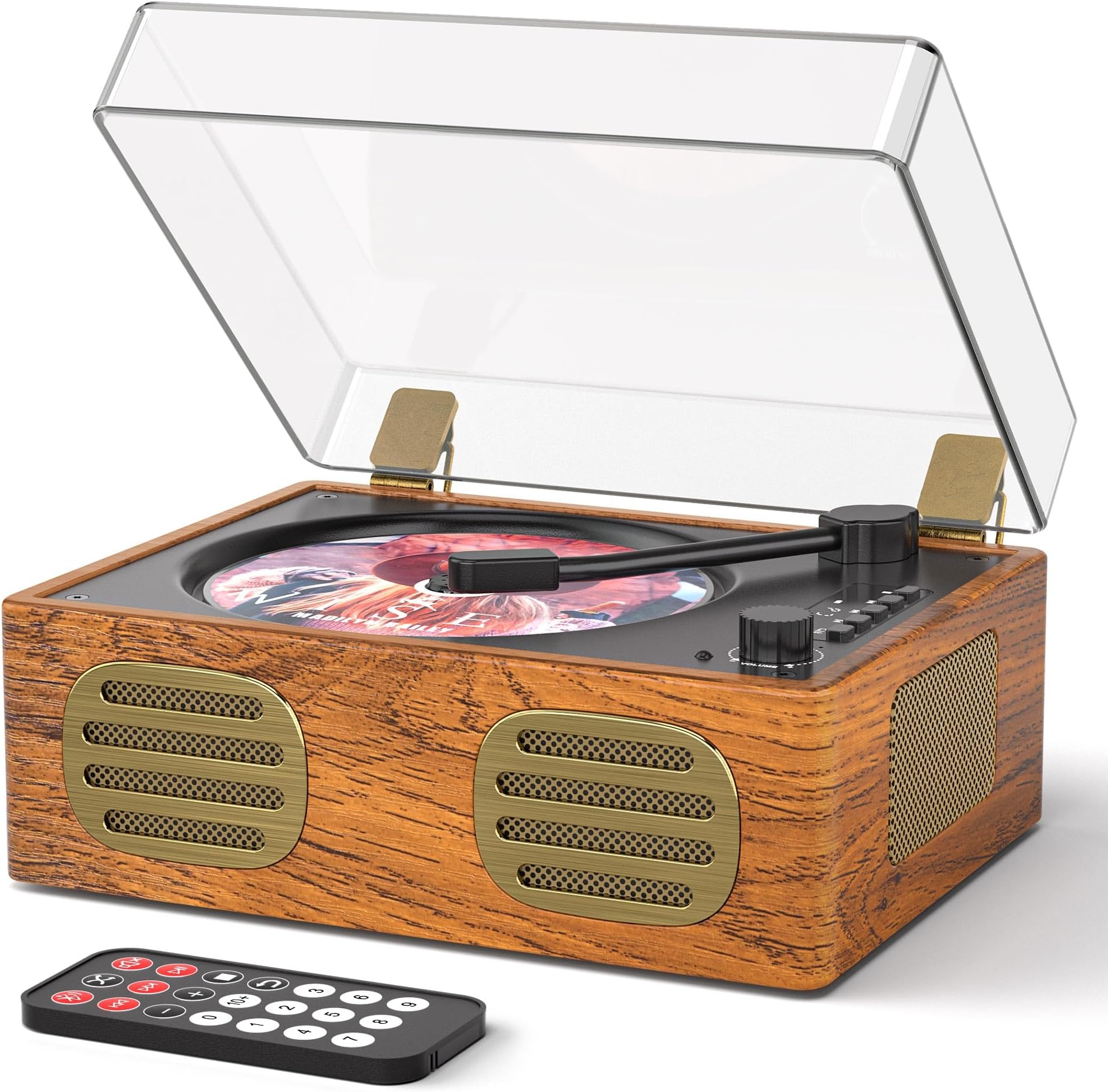 Portable Retro CD Player with Bluetooth and Dual HiFi Speakers, LED Screen, Desktop Vintage Wooden CD Music Player for Home, Dust Cover, Remote Control, AUX/USB Playback, Brown