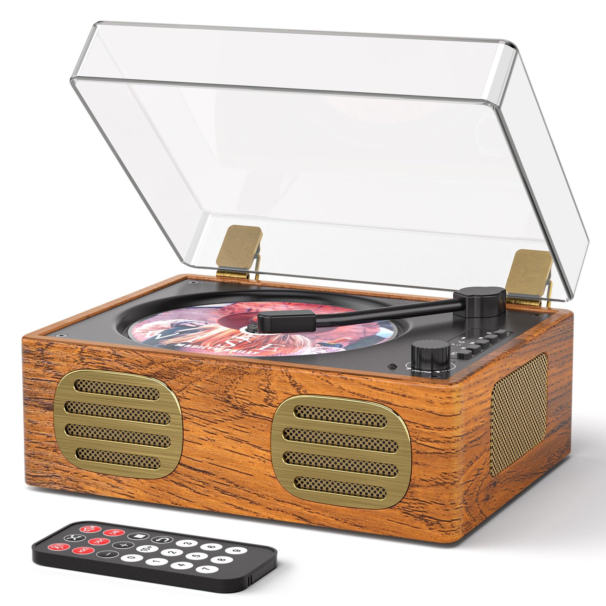 Portable Retro CD Player with Bluetooth and Dual HiFi Speakers, LED Screen, Desktop Vintage Wooden CD Music Player for Home, Dust Cover, Remote Control, AUX/USB Playback, Brown