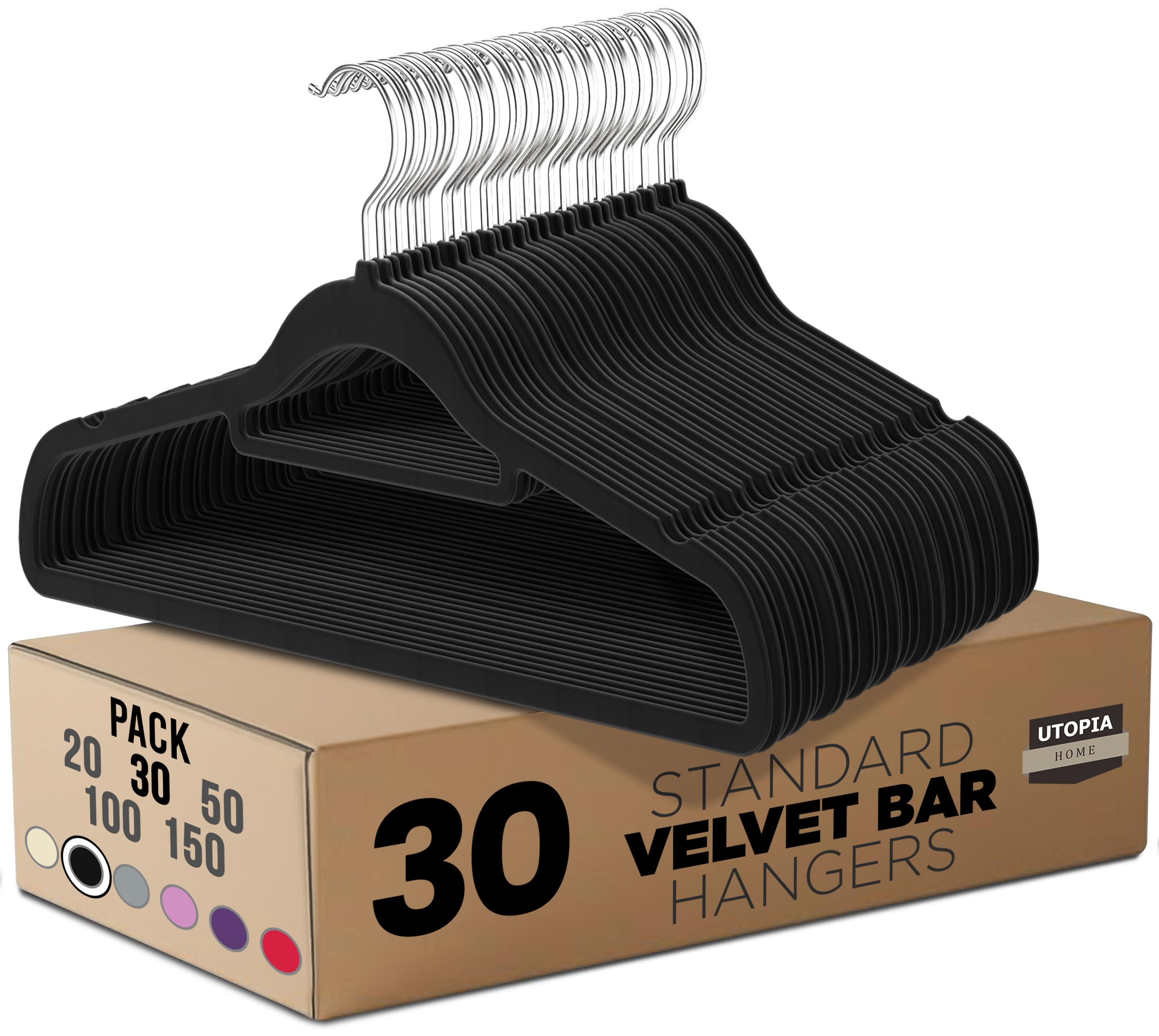 Utopia Home Pack of 30 Velvet Suit Hangers with Tie Bar - Heavy Duty Non-Slip Premium Hangers for Adult Clothes - 360 Degree Swivel Hook, Black