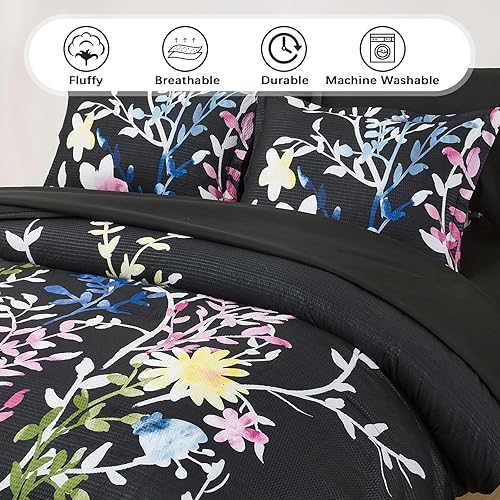 Miniatura 3 de Menghomeus Juego de edredón de 7 piezas, color negro, tamaño King, diseño floral de sirsaca suave, juego de ropa de cama de microfibra para todas