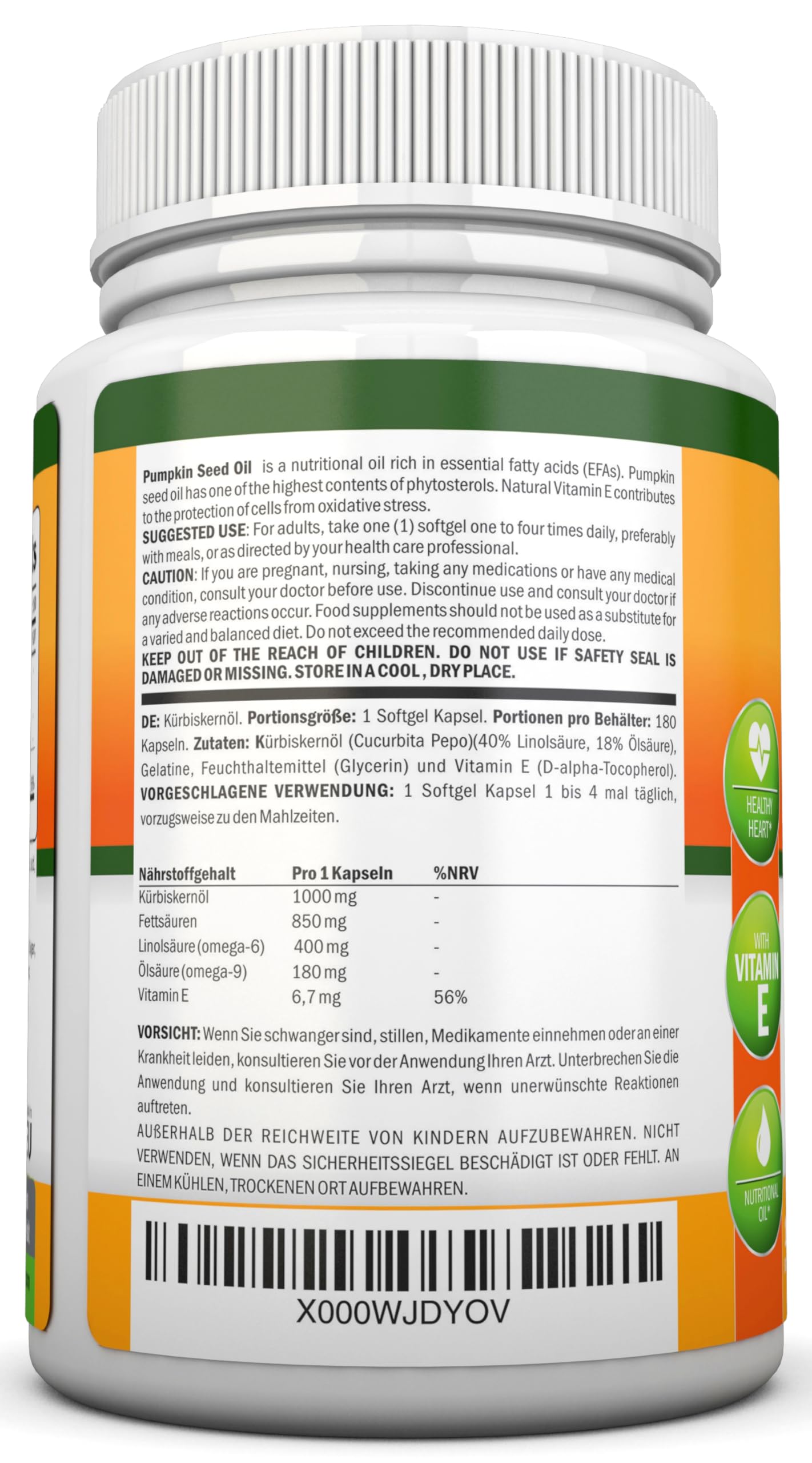 Kürbiskernöl - 1000MG - 180 Softgel Kapseln - Kaltgepresstes natürliches Kürbiskernöl - natürliche Quelle essentieller Fettsäuren - ideal für Haarwachstum, Prostatagesundheit und Gelenksentzündungen