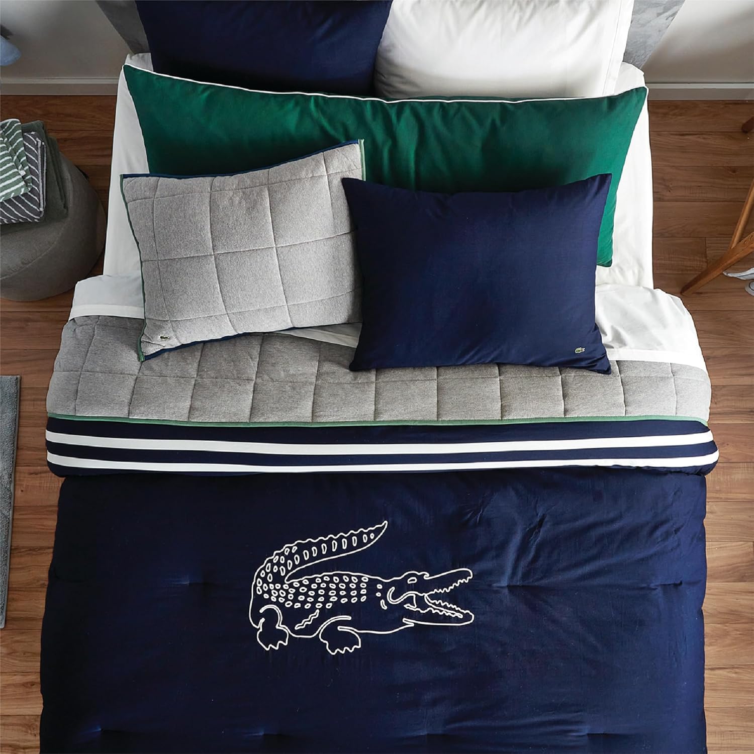 Lacoste Big Croc Comforter Set – 100% Cotton Percale 180-Thread Count, Reversible Duvet & Pillow Shams, Soft Breathable, Iconic Croc Logo, Navy, King