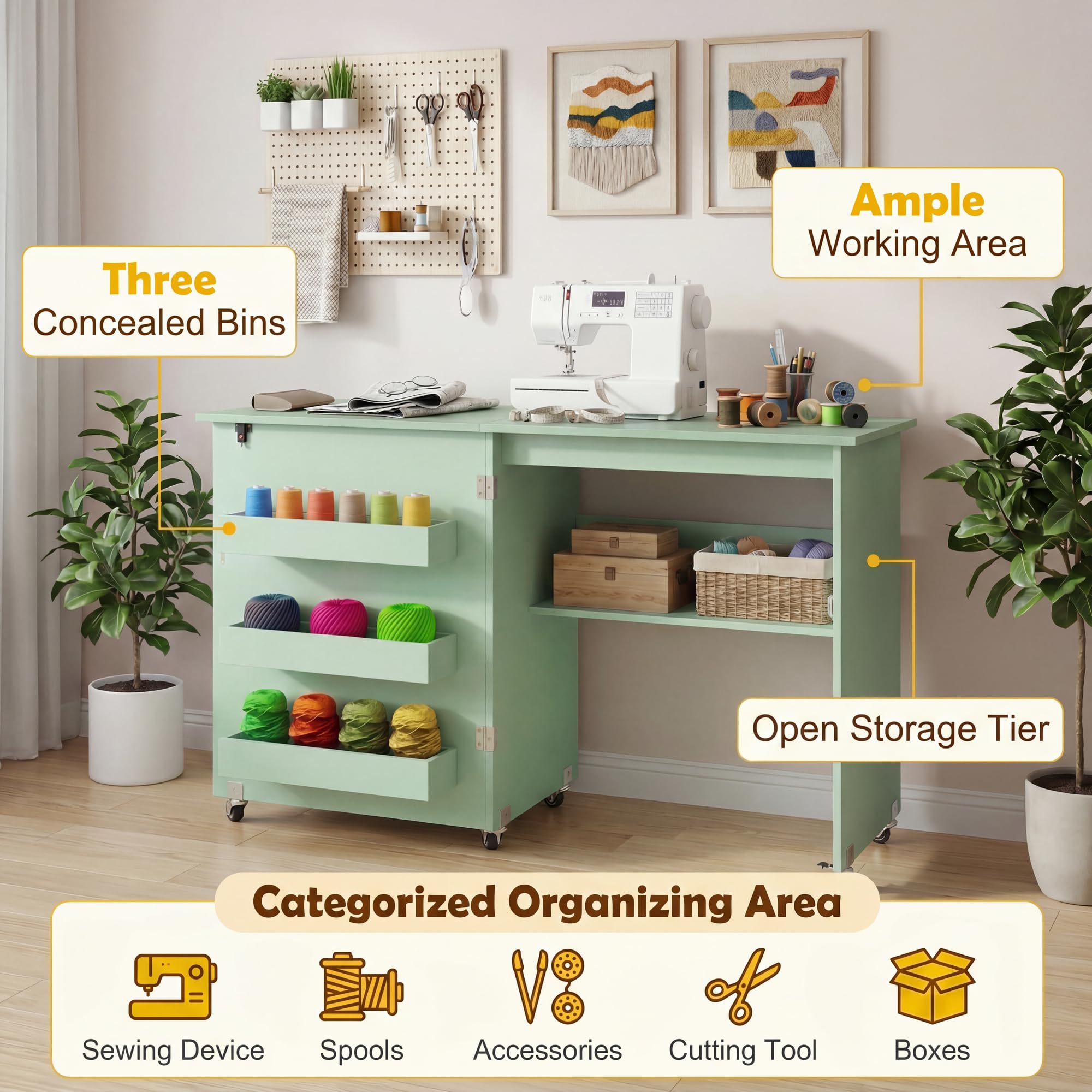 KOMFOTTEU Table Couture Pliable &, 3 Bacs cachés, Vert