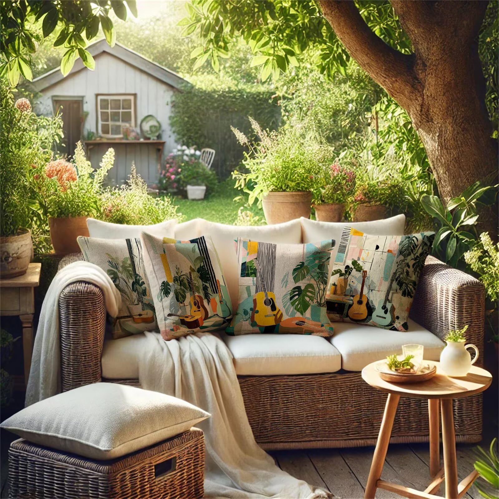 Colorato Cuscini per Divano Esterno Giardino Chitarra Cuscini 55x55cm Grandi Copricuscini per Divani Impermeabili Linoi Cushion Covers per Interno/Esterno Balcone Estate Decor Regalo,Set di 4 BZ-931