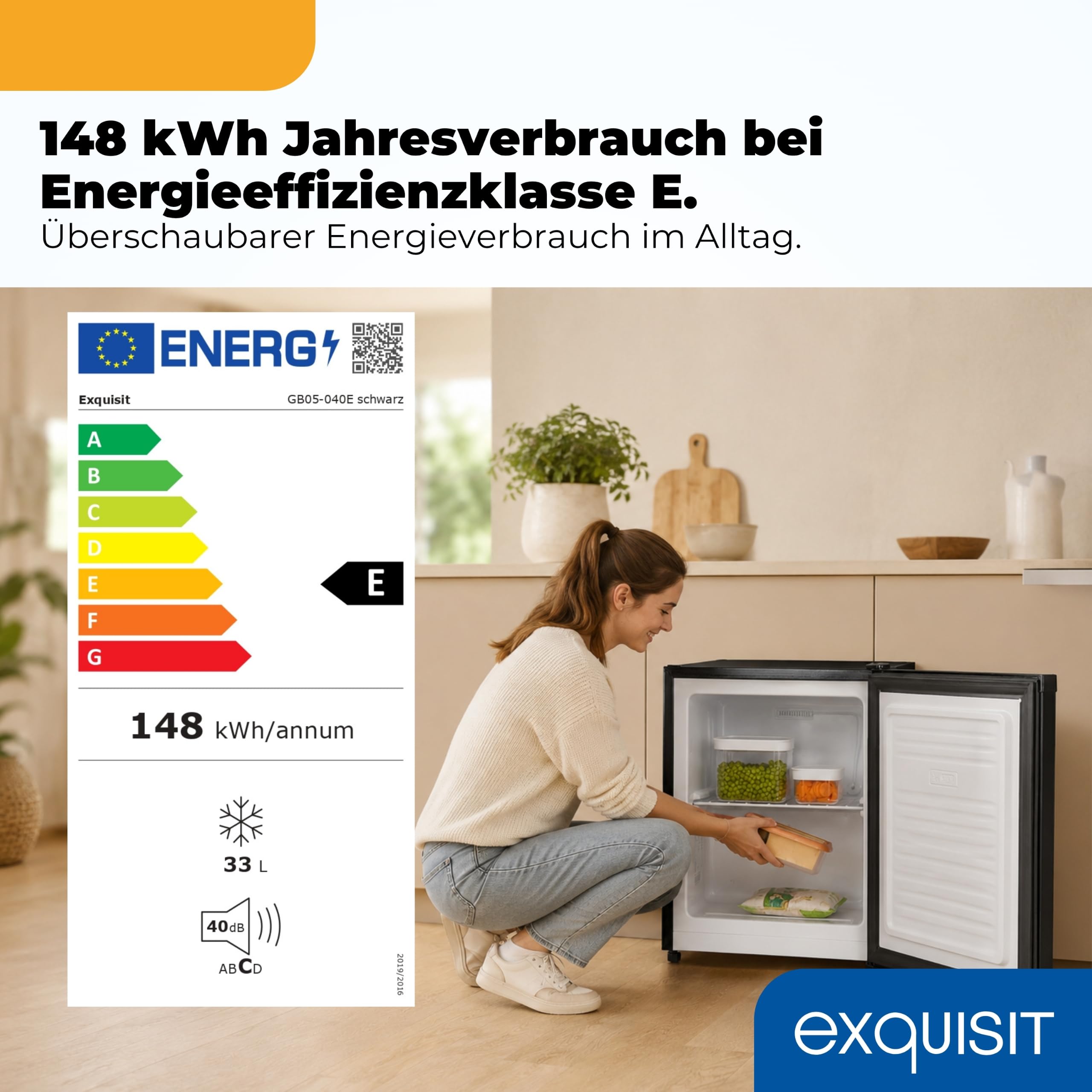 Exquisit Mini Gefrierschrank 33 l | 4-Gefrierfach | kompakt 44 cm breit | 40 dB | Türanschlag wechselbar | GB05-040E schwarz | Schwarz