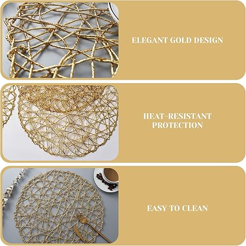 Miniatura 2 de 6PCS Gold Round Placemats 15" Heat-Resistant Hollow-Out Gold Place Mats Non-Slip Wipeable Placemats for Holiday Christmas Wedding Dining Table