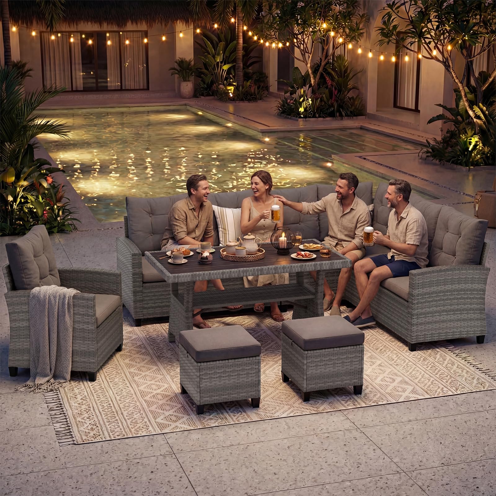 UDPATIO Rattan Gartenmöbel Set, Lounge Ecksofa mit Esstisch, Sessel & 2 Hocker, Wetterfest bis 8 Personen, Lounge Möbel Outdoor, Balkonmöbel, Terassenmöbel für Terrasse/Balkon/Garten, Grau