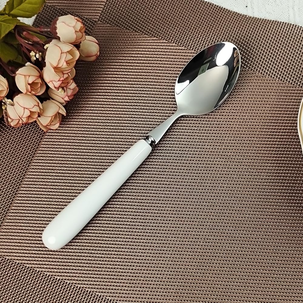 Cucchiaio da tavola fine da 20 cm con bordo rotondo di qualità, in acciaio inox 18-10, manico in ceramica bianca, cucchiai da minestra, posate per lucidatura a specchio, cucchiaio principale