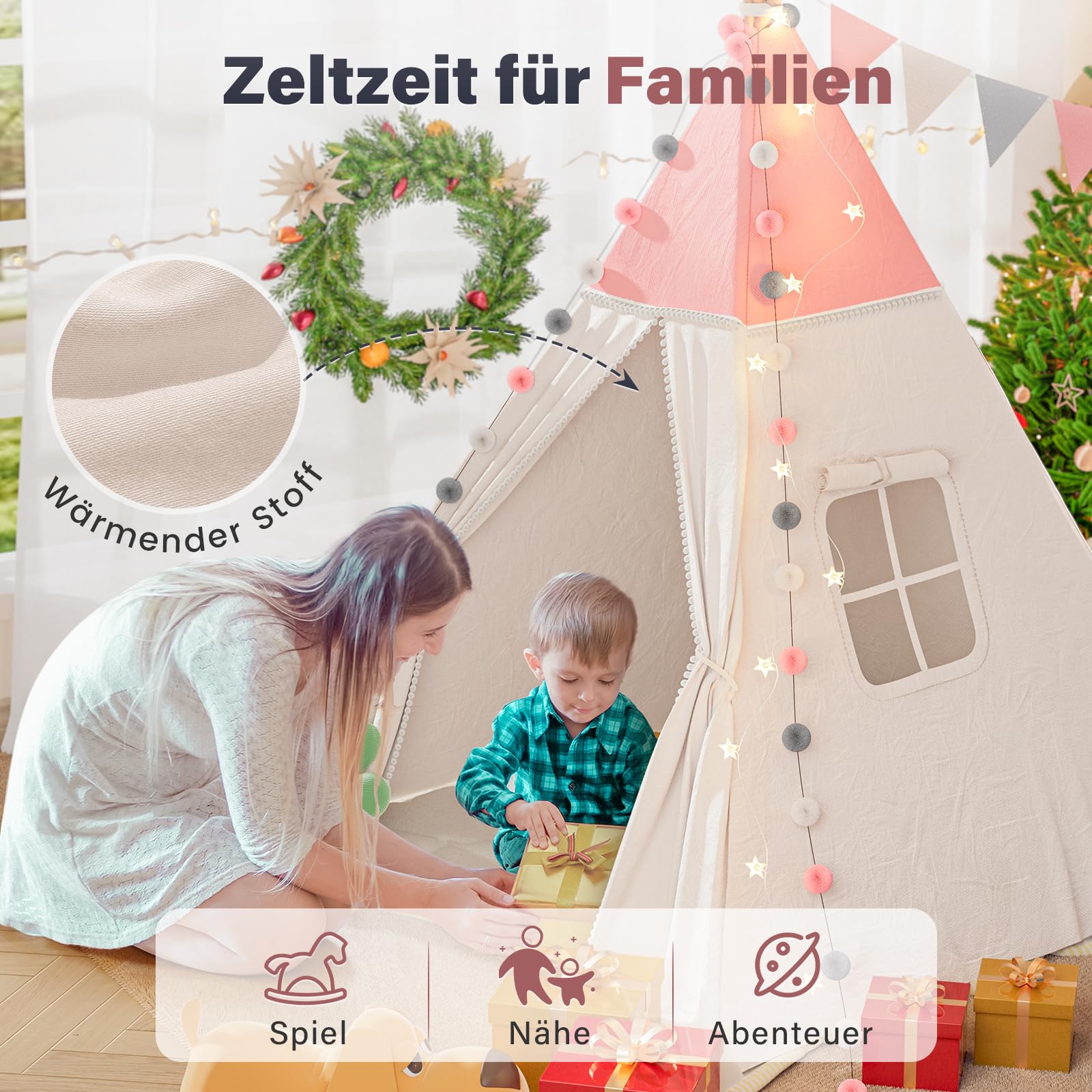 Tipi tenda per bambini, tenda da gioco con coperta imbottita, catena luminosa, borsa per il trasporto, stile Montessori, per bambini, colore: verde chiaro