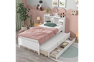 Twin Size White Trundle Bed with Storage and Headboard