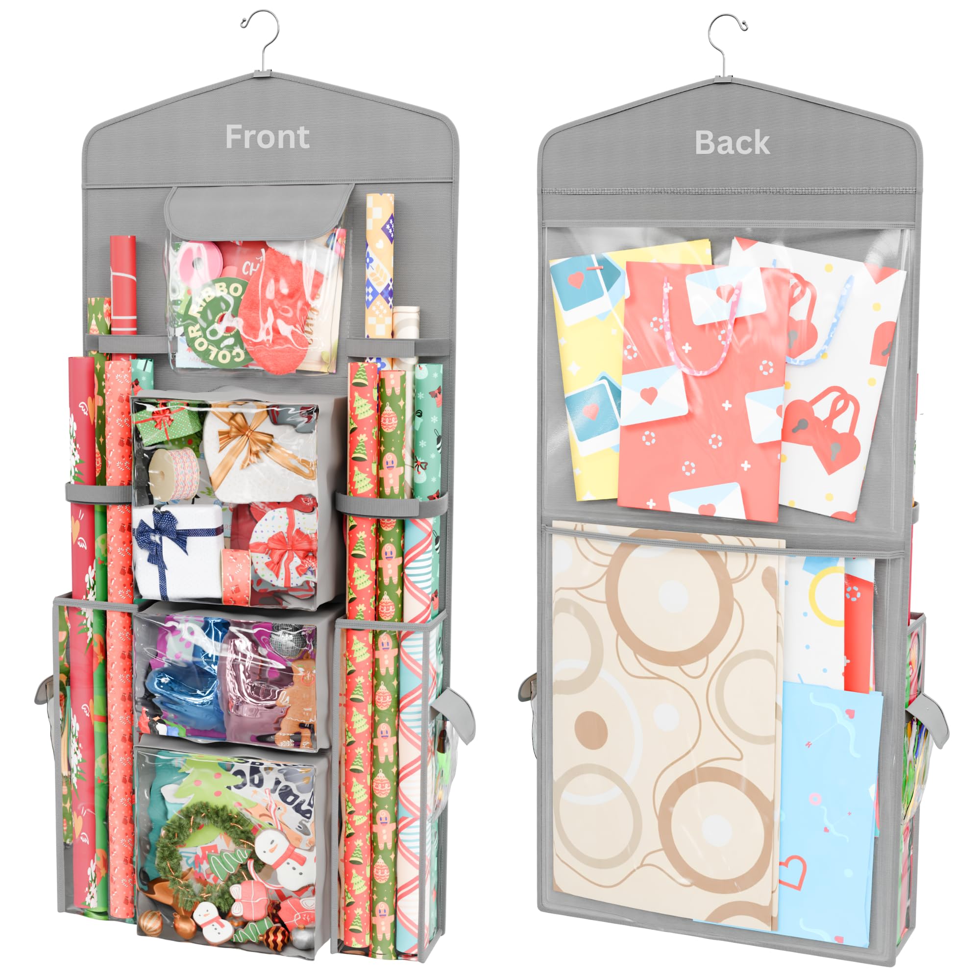 ProPik Hanging Double Sided Christmas Wrapping Paper Storage Organizer With Multiple Pockets, Organize Gift Wrap, Bows, Ribbons - 40"X17" Fits 40 Inch Rolls - Clear PVC Bag (Grey)