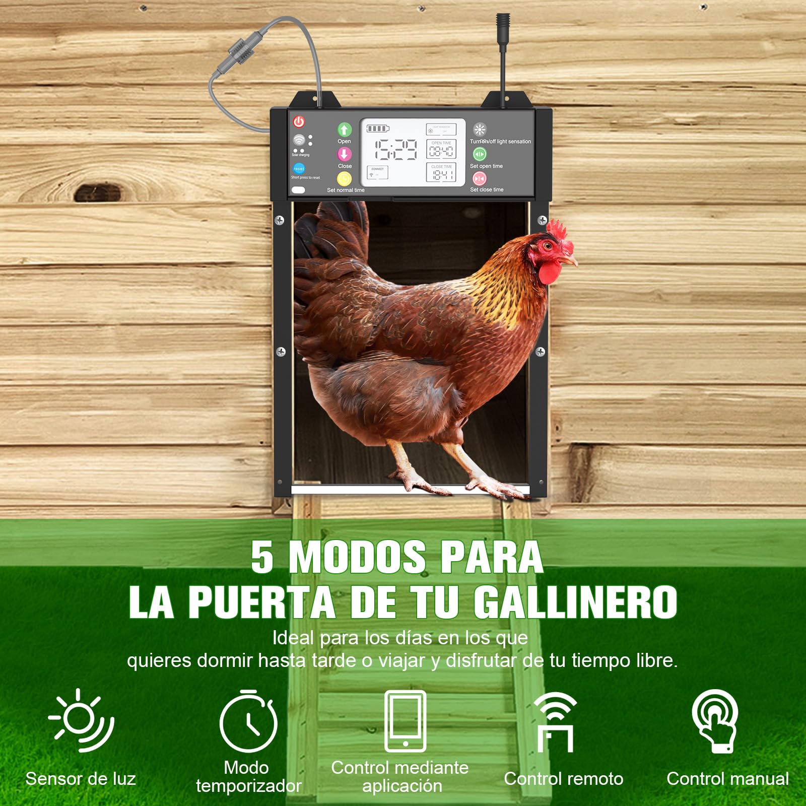 Puerta Automática para Gallinero Control de Aplicación, Pantalla LCD, Control mediante Aplicación, Control Remoto, Sensor de Luz, Temporizador y Manual, Carga Solar y USB, Antipinzamiento, Impermeable
