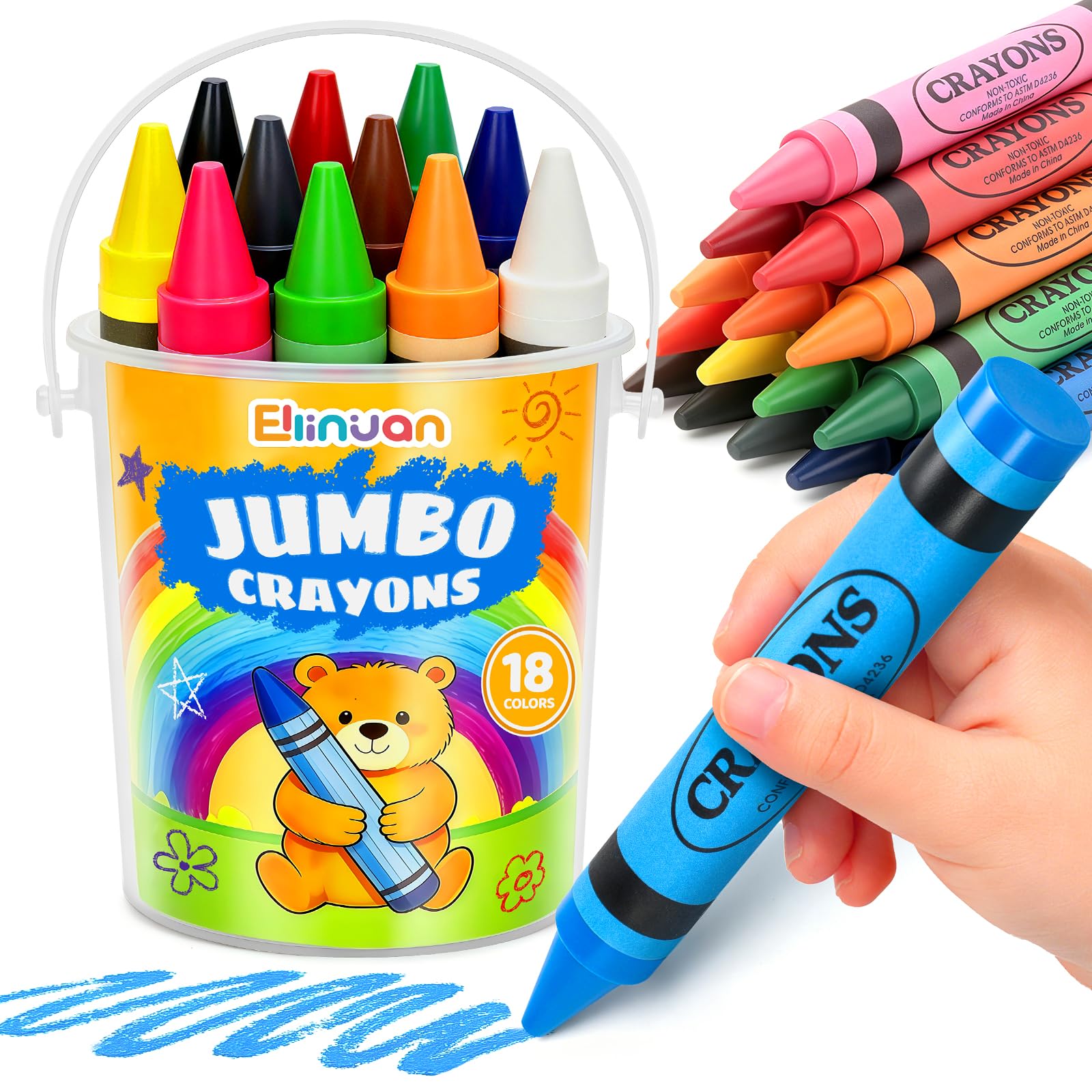 18 Colors Jumbo Crayons for Toddlers, Washable Easy Grip Large Crayons for Kids, Non-Toxic Big Crayon for Coloring, School Art Crafts Supplies, Classroom Must Haves, Birthday Gifts for Boys Girls