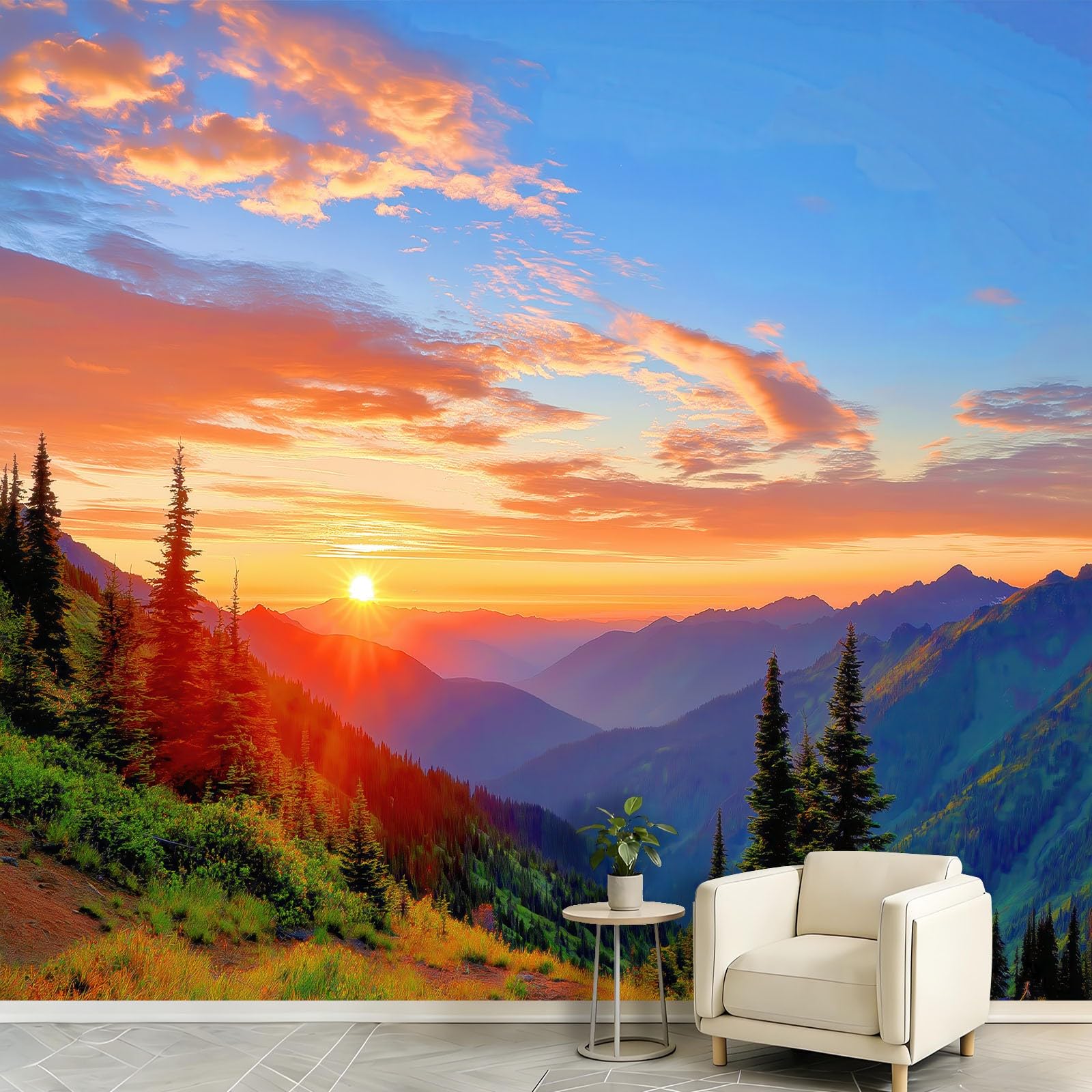 Naturalna sceneria tapeta mural 200 x 140 cm włóknina panoramiczna niestandardowa pokrycie ścian, zachód słońca, różowe chmury, góry, sosny, fototapeta, do salonu, kuchni, jadalni, sypialni, domu