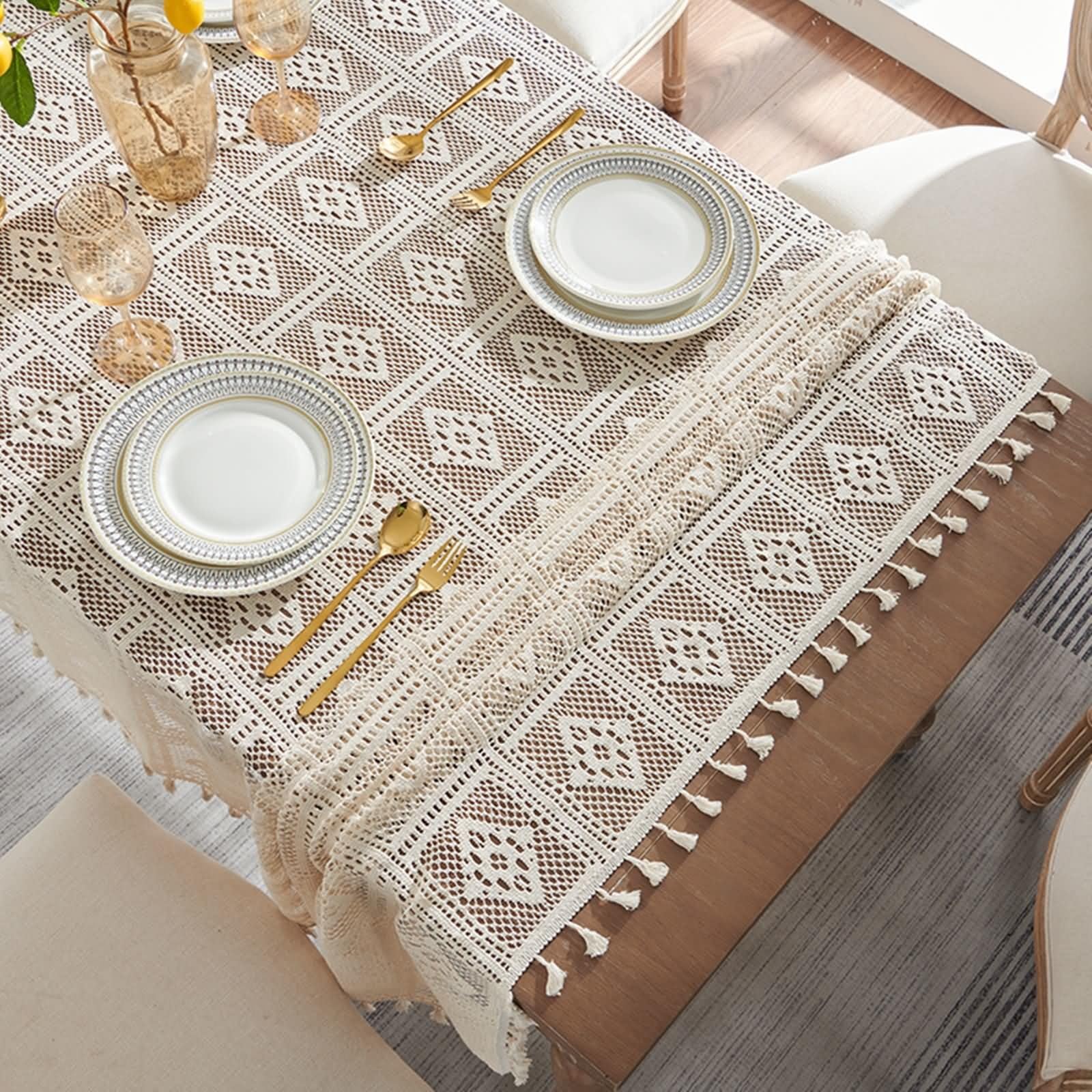 Mantel Cocina Antimanchas, 140 x 200 cm, Beige Blanco, Rectangular, Mantel Poliéster Hueco con Borlas
