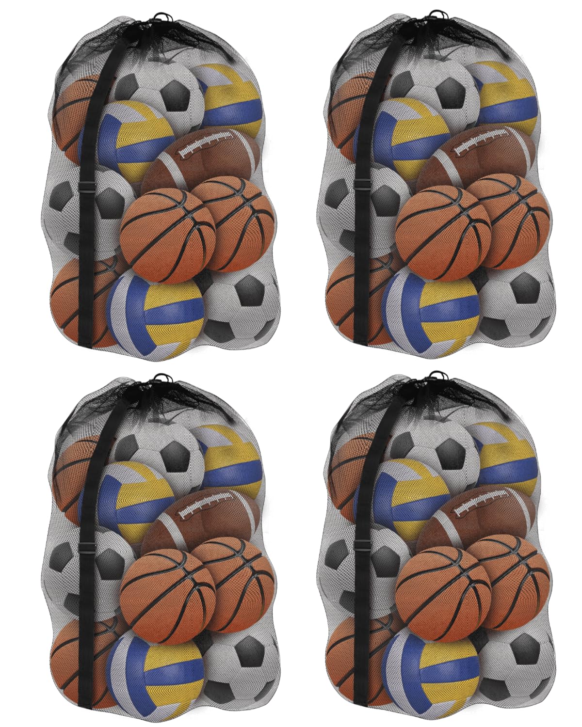 YOUEON 4 Pcs Extra Large Mesh Ball Bags 30 x 40 Inch, Heavy Duty Sports Ball Bag with Drawstring Closure & Adjustable Shoulder Strap, Black Ball Storage Bags for All Kinds of Balls, Laundry