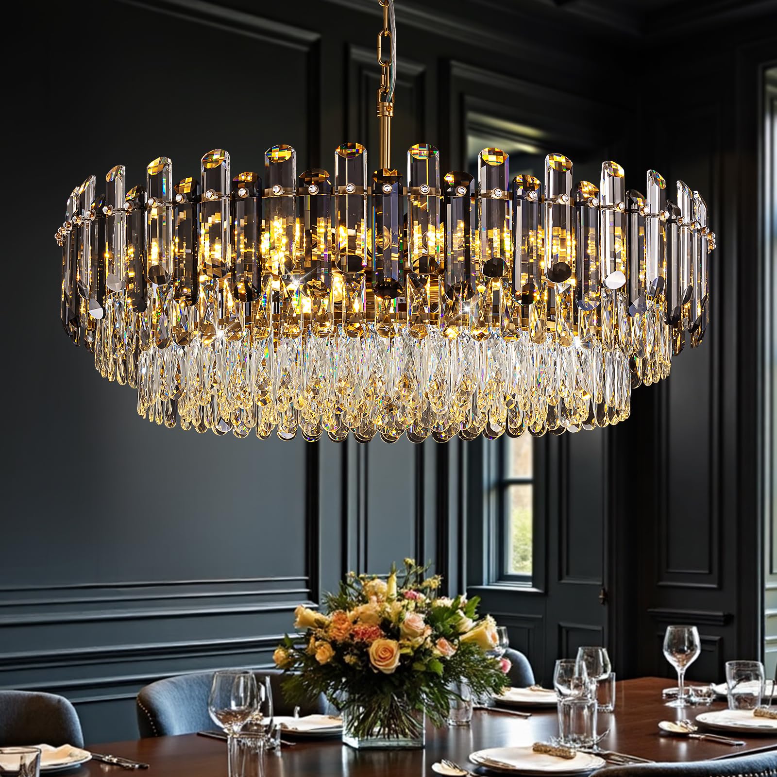 31.5" Crystal Chandeliers,8-Tier Modern Chandeliers for Dining Room,Smoke Grey Round Top K9 Crystals Pendant Lights Kitchen Island Living Room Bedroom Entryway Hotel