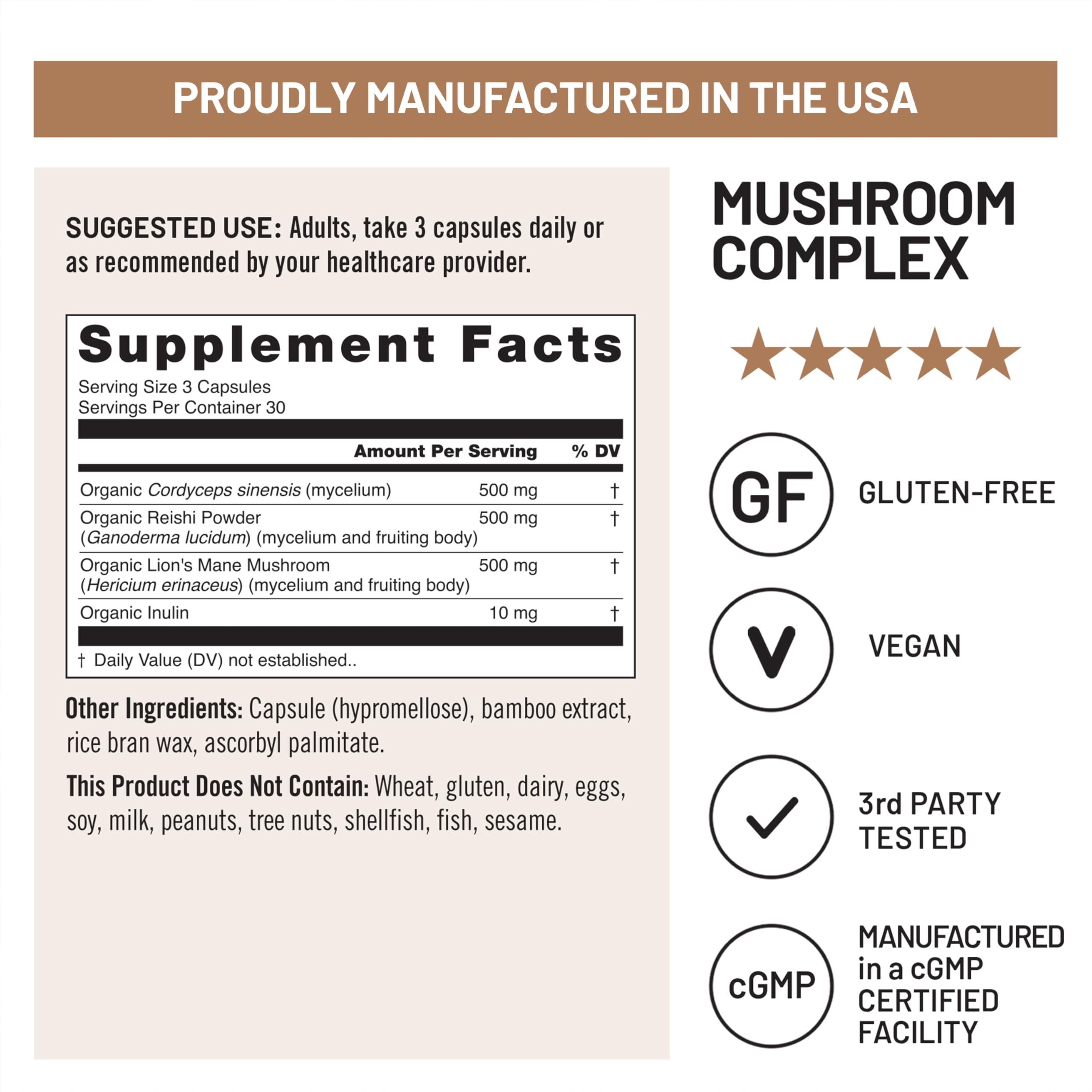 NatureWise Mushroom Complex - with Organic Lion's Mane + Reishi & Cordyceps Sinensis - Lions Mane Supplement with Organic Mushrooms - Vegan - Non-GMO - USA Manufactured - 90 Capsules[30-Day Supply] — Amazon image 6