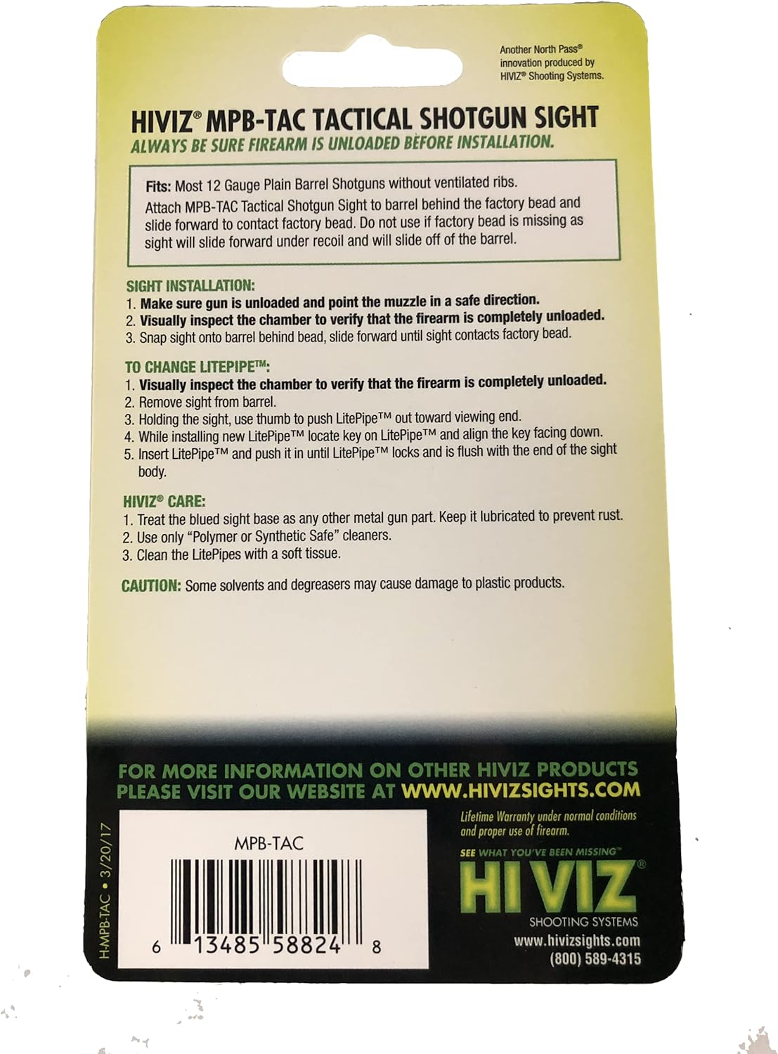 HiViz MPB-TAC Snap-On Tactical Shotgun Front Sight - Interchangeable LitePipes for 12-Gauge Plain Barrel Shotguns
