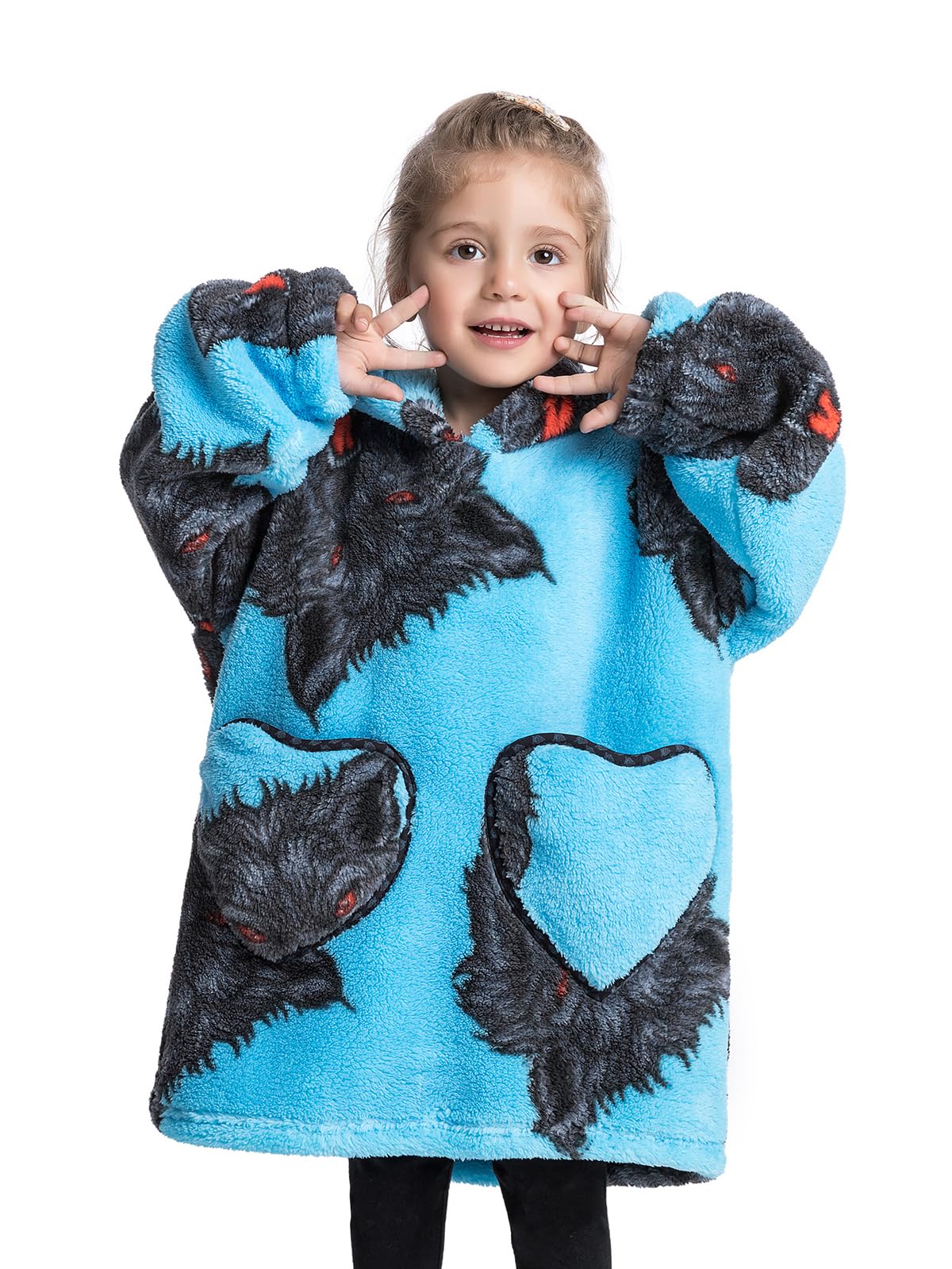 Summshall Blanket Hoodie, Oversized Wearable Sweatshirt Blankets Soft Hug Plush, Cozy Warm Giant Hooded Sweater for Childs Little Boys Girls Wolf heads